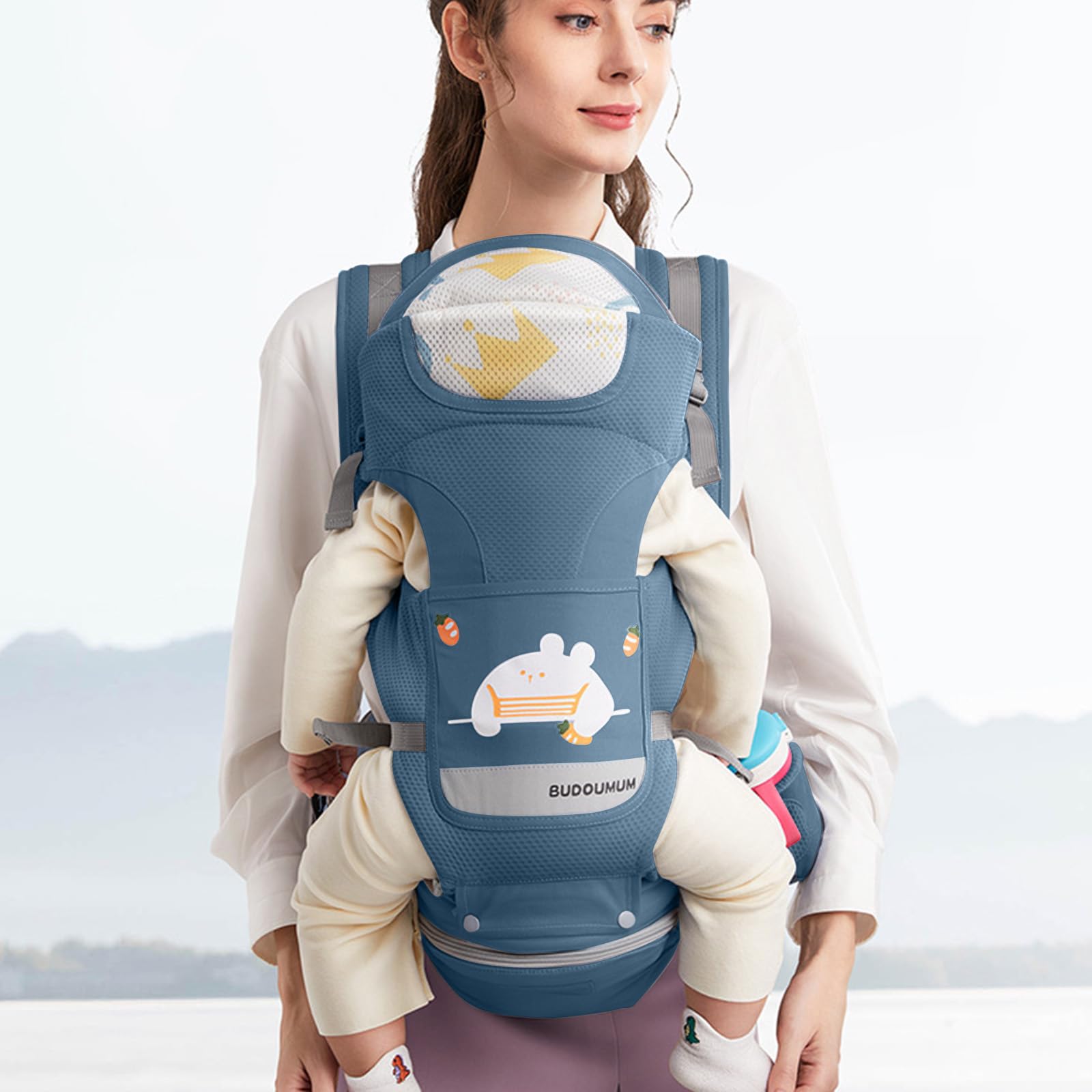 SONARIN Leichte Multifunktionale Babytrage mit Hüftsitz,Ergonomische Atmungsaktive Babytragetasche Kindertrage Baby Tragesystem ab Geburt 0-36 Monate,Bauchtrage Rückentrage(Blau)