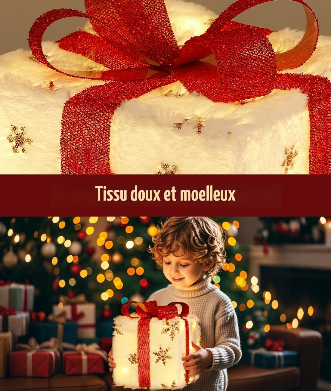 Coffrets Cadeaux de Noël Illuminés, 3 PCS Grandes Décorations pour Intérieur et Extérieur avec Télécommande, USB Plug in, Cadeau avec Flocon de Neige et Nœuds, Décoration pour Maison Véranda Pelouse