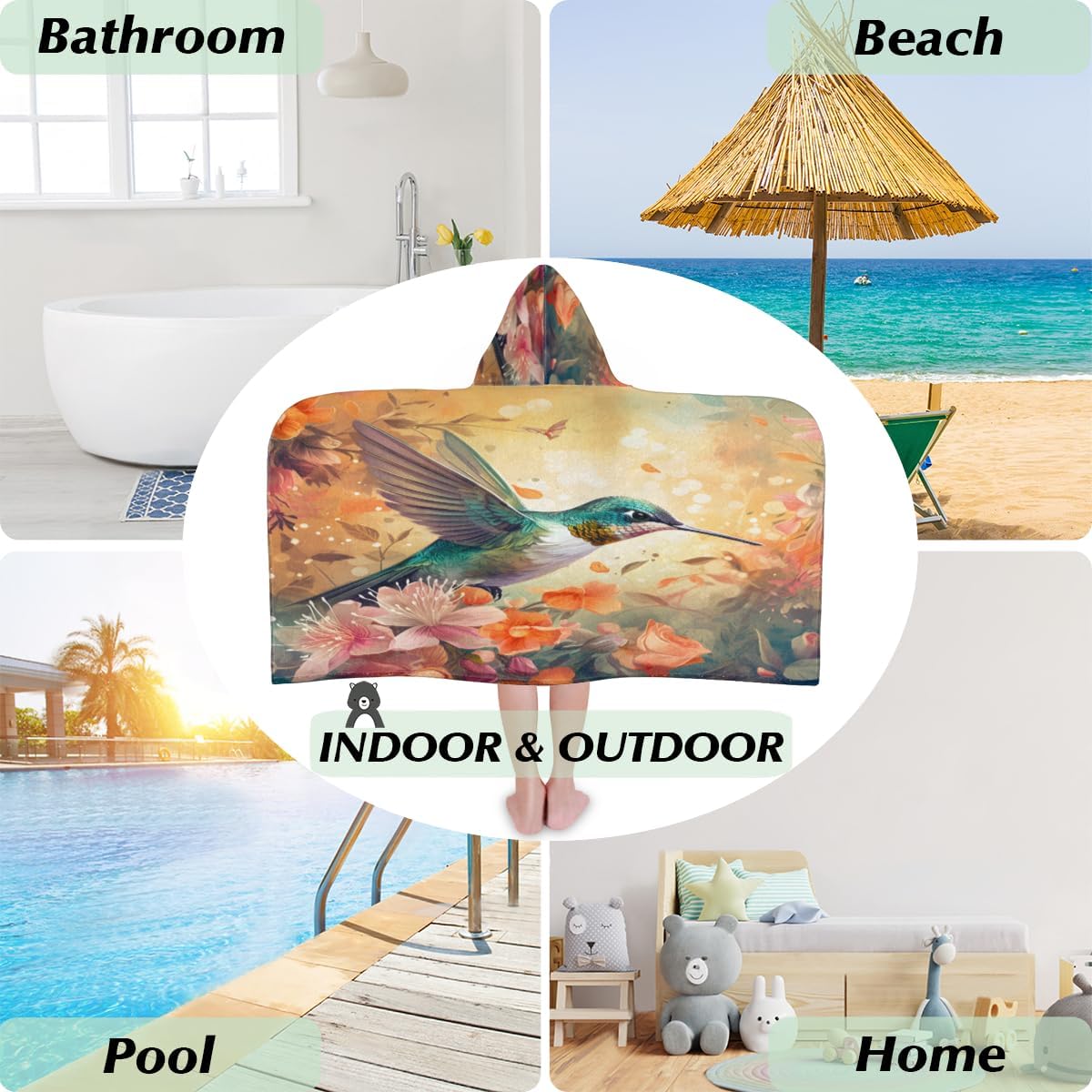 Pardick Kids Bath Towel for Girls Boys Birds Hummingbird Beach Towel with Hood Pool Cover Up Soft Absorbent Hooded Bath Towel Toddler Towels for Beach, Pool