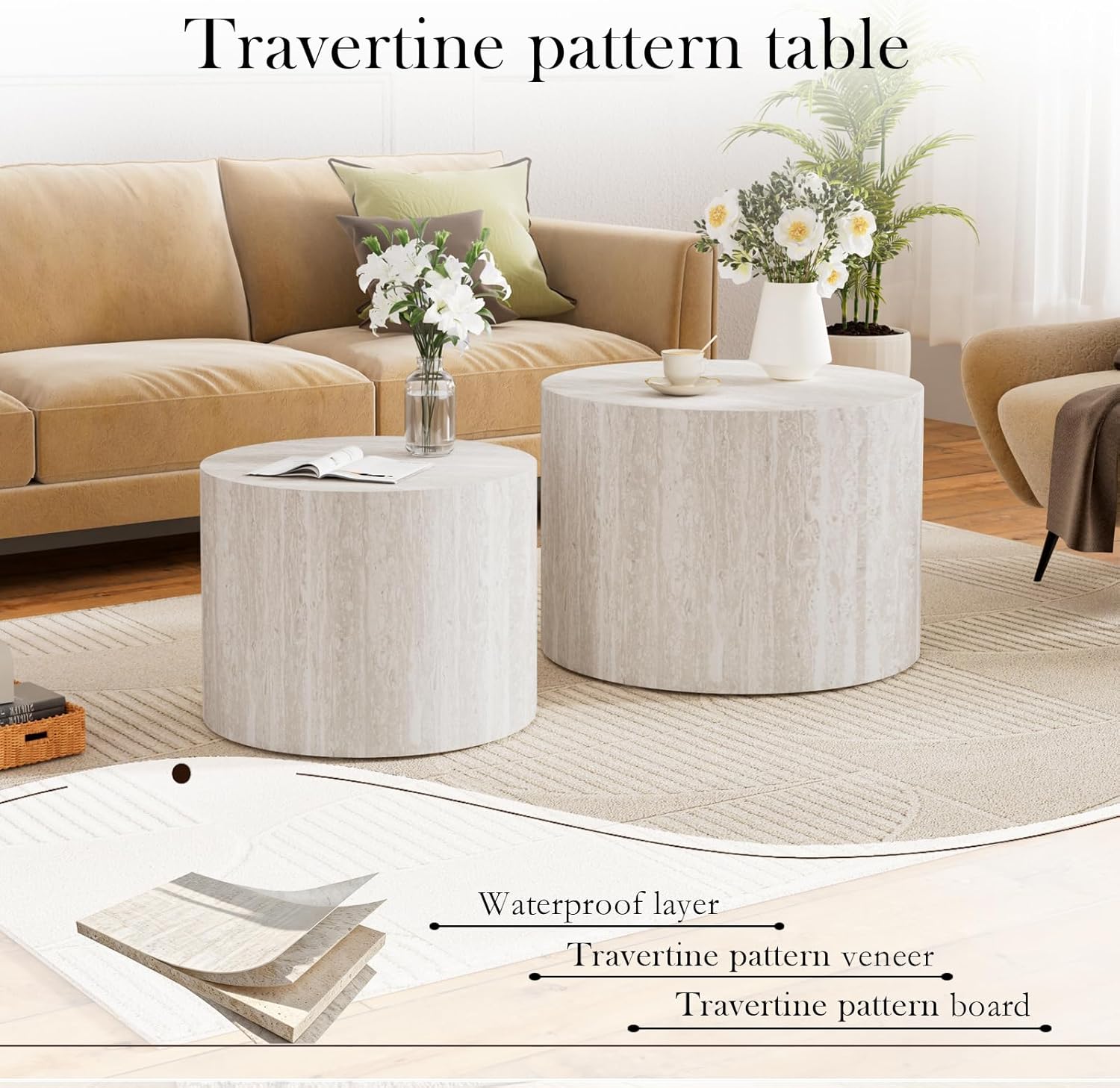 Round Nesting Coffee Tables Set of 2 Modern Small Round Travertine End/Side Tables Circle Nested Coffee Tables for Small Spaces Living Room, Apartment (Travertine)