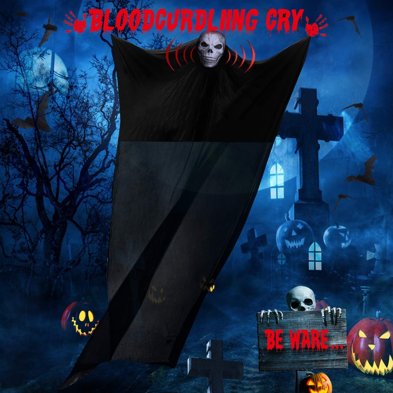 LUKAT Halloween Hanging Ghost Decorations, Halloween Hanging Decorations with Glowing Skeleton Mask & Scary Sounds Effects for Indoor/Outdoor Yard Decor
