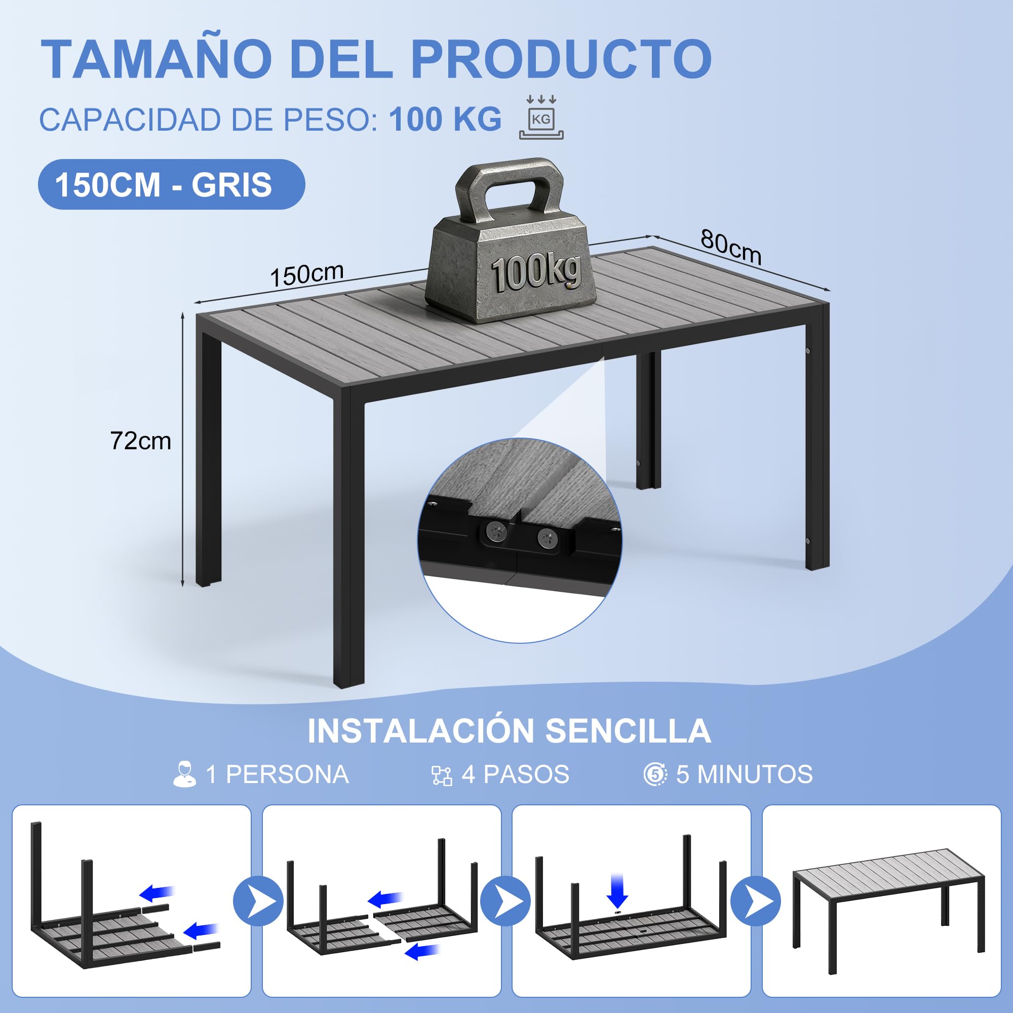 Devoko Mesa de jardín Resistente a la Intemperie HDPS, Mesa de Aluminio para Exterior,Acabado imitación Madera, fácil Mantenimiento, Mesa Comedor 4-8 Personas, para jardín y terraza