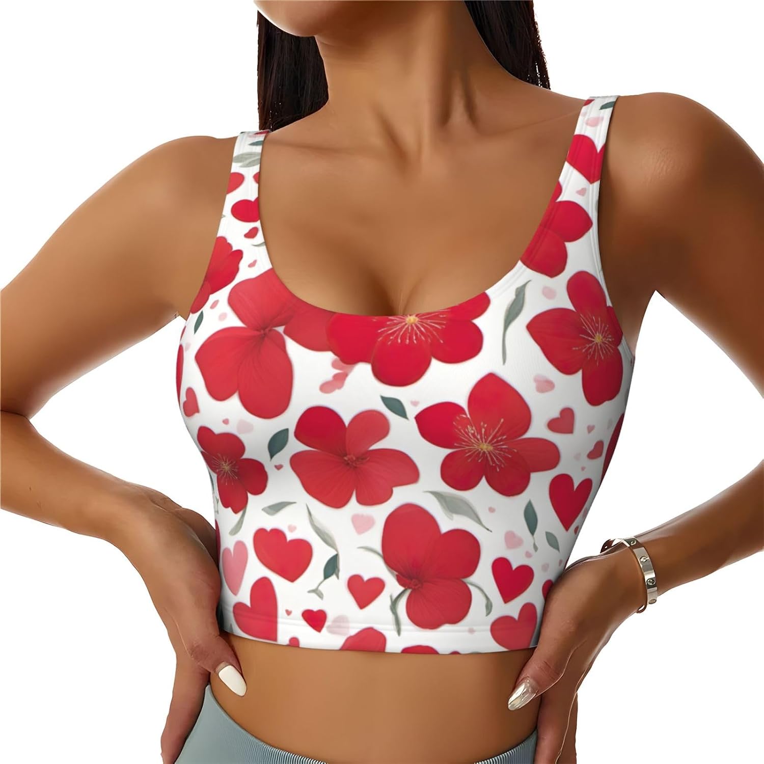 Valentine'S Day Red Heart Flower Print Women'S Sports Bra Tank Tops,Longline Sports Bras For Yoga,Workout And Running