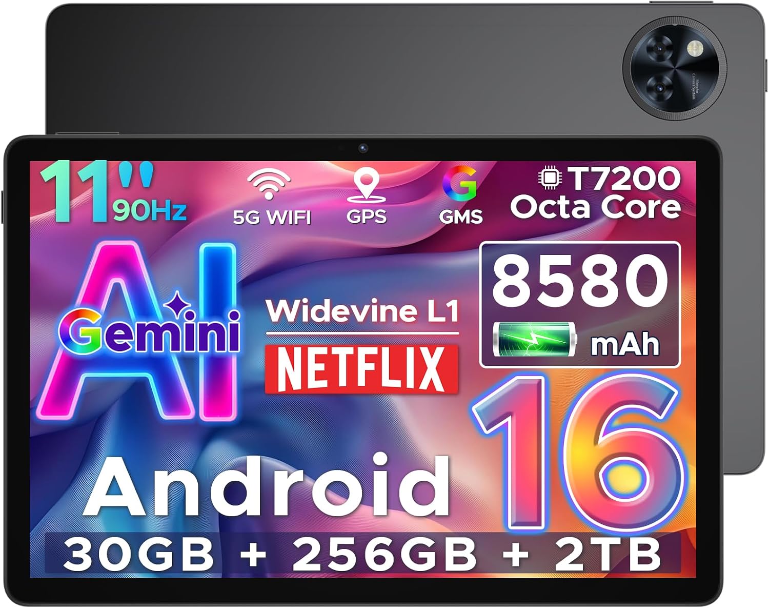 U11 Pro Android 16 AI Tablet, 30GB RAM+256GB ROM/ 2TB TF, 11 Inch 90Hz Android Tablets & Unisoc T7200 Octa Core, 8580mAh Battery, Widevine L1|Gemini AI|5G WiFi| 3.5mm Jack|13MP+5MP|GMS|GPS|OTG, BLACK