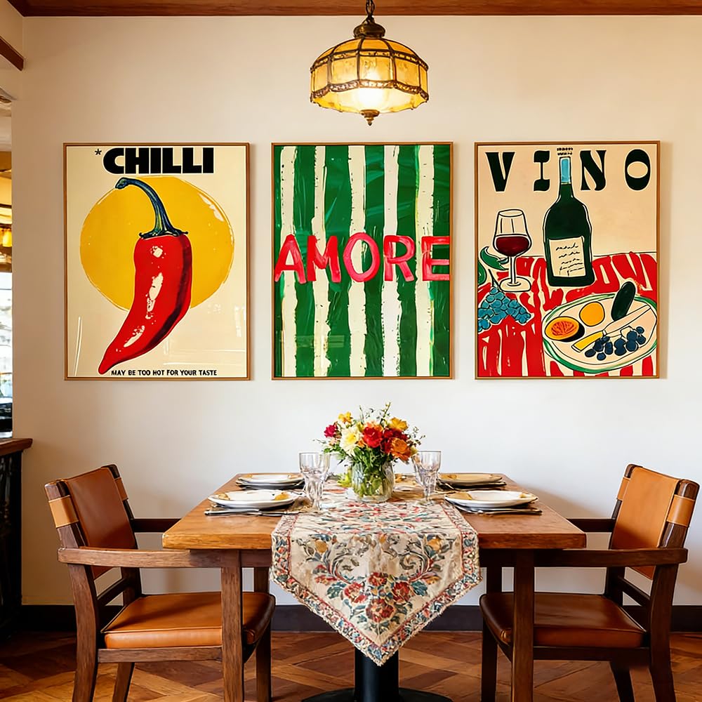 Lot de 3 Affiches Murale Cuisine Tableau Coloré Amour Piment Style Rétro Italien Impression sur Toile sans Cadre Poster Art Mural Décoration Moderne Cuisine Salle à Manger Bar Café (YHH033-50x70cm)