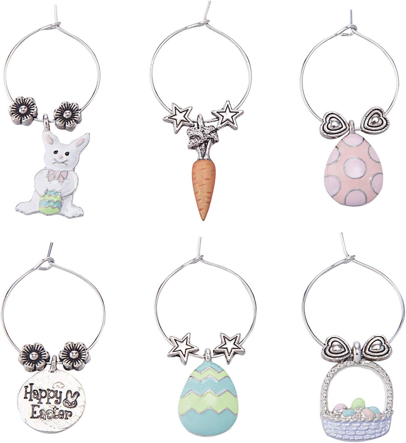 UP UPware EGGxellent Easter Wine Charms, Zinc Alloy Wine Glass Tags for Stem Glasses, Drink Markers Identifiers for Parties, Tastings, and Entertaining, Multicolor, Set of 6