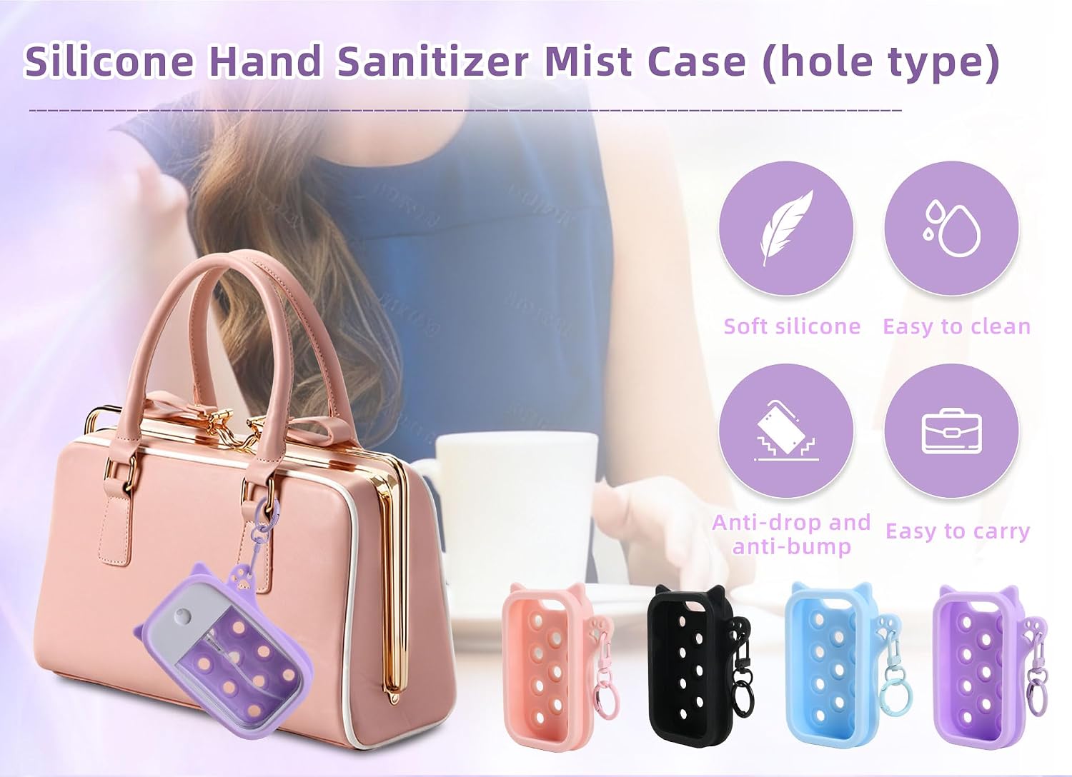Silicone Protective Case with Keychain for Touchland 1oz Hand Sanitizer Spray, Cute Cat Design Anti-Drop Holder.
