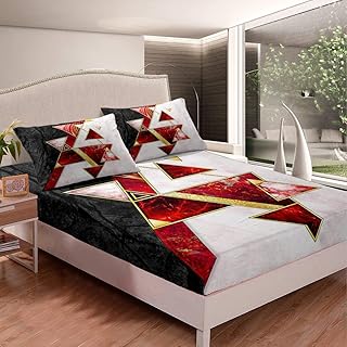 Marble Fitted Sheet Twin Girls Women,Modern Luxury Gold Red White Black Geometric Texture Lines Marble Bedding Set Hotel Soft Microfiber Triangle Bed Sheet Set for Kids Teens Women Living Room Decor