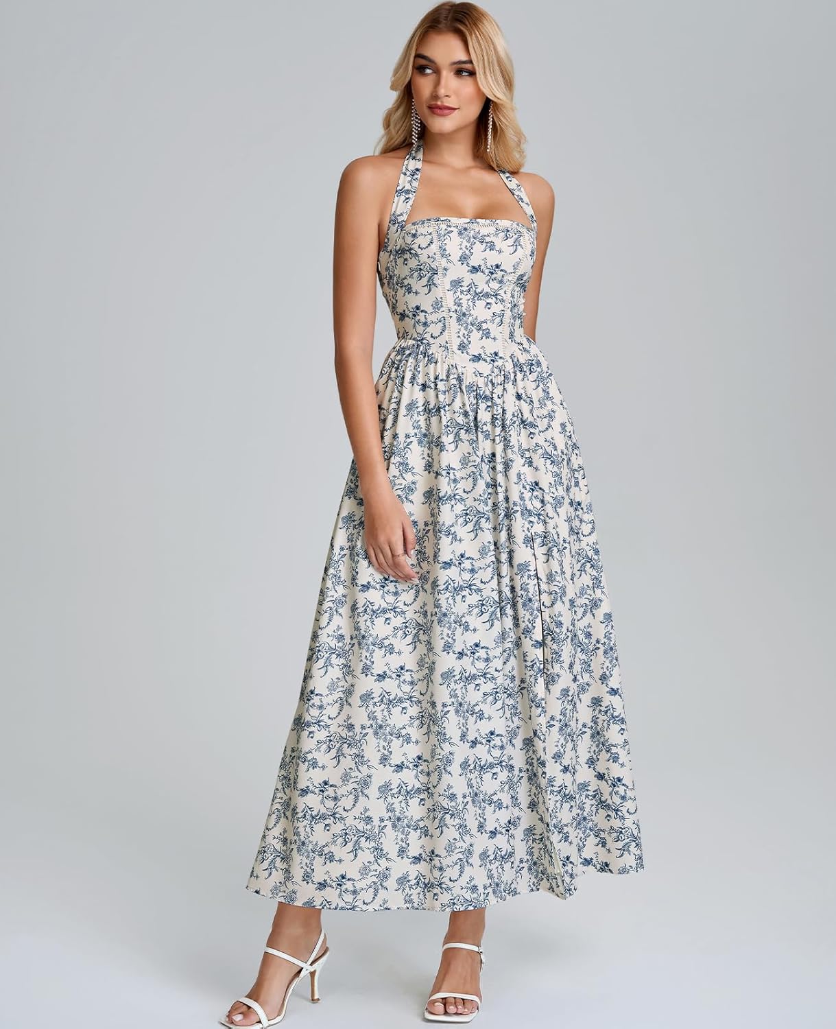 GLNEGE Womens Halter Midi Corset Dresses Spring Summer Wedding Guest Floral Dress Flowy Slit Tea Party Sundress with Pockets