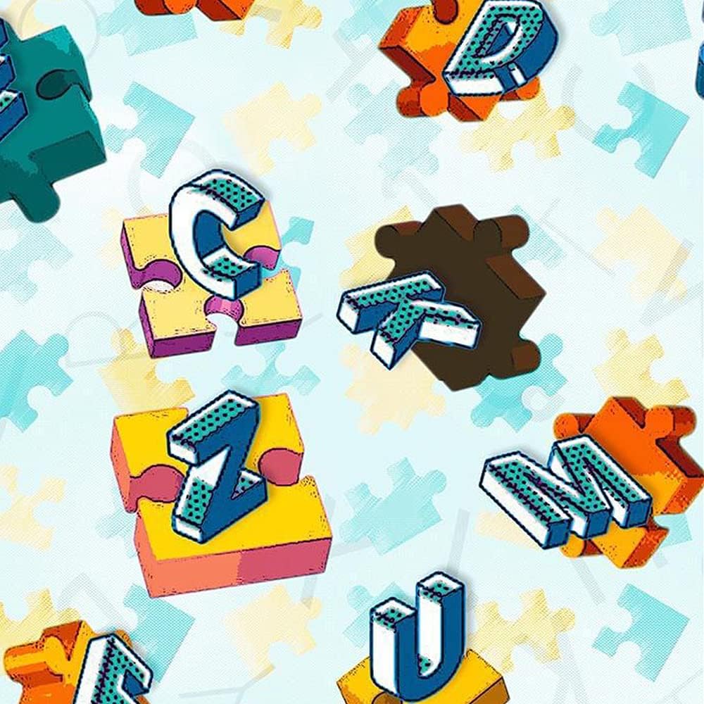 Puzzle Letters Design 100% Cotton Quilting Fabric by The Yard (Yellow, Orange, Blue)