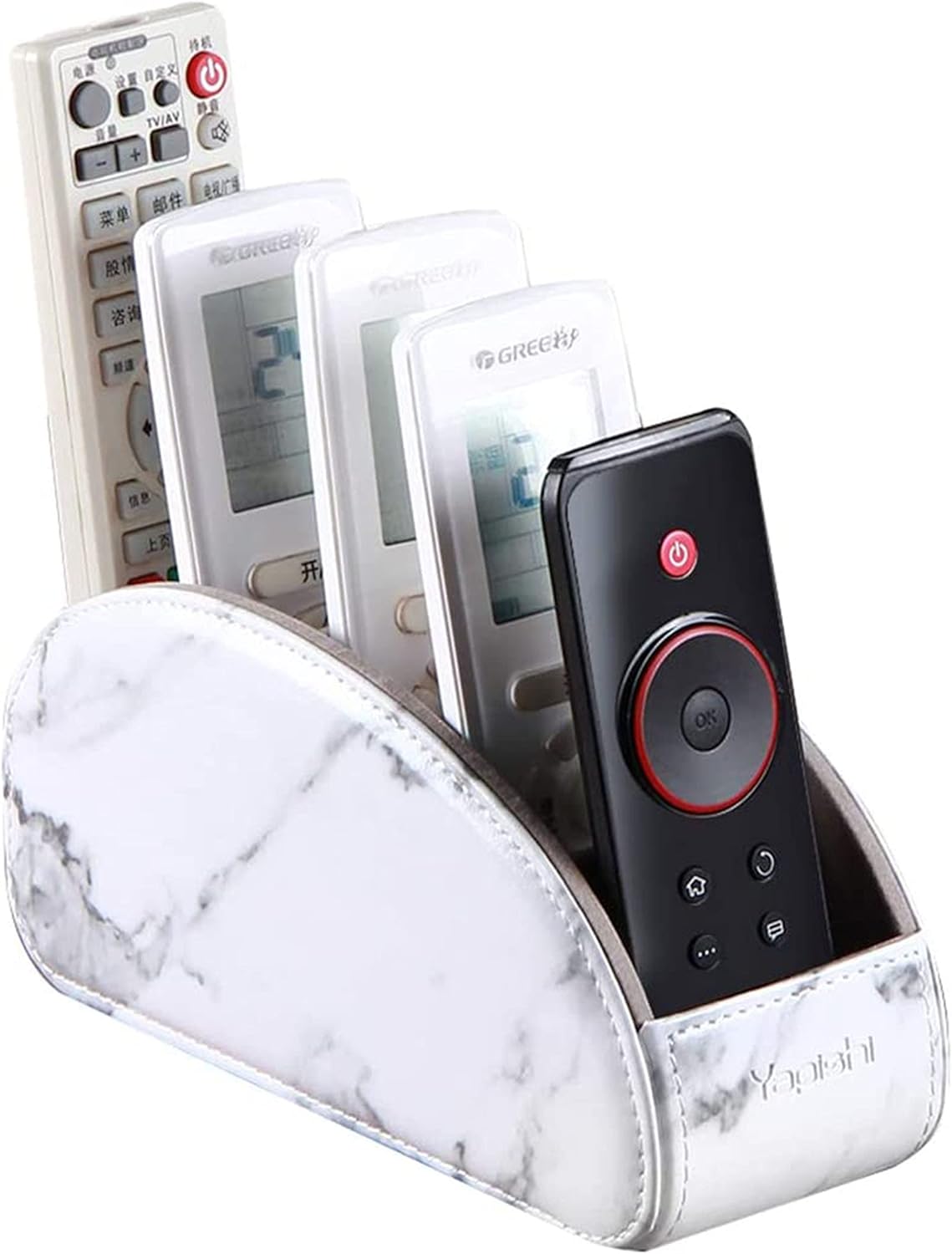 TV Remote Control Holder with 5 Compartments,Pu Leather Remote Caddy/Box/Tray Bedside Table Desk Storage Organizer for DVD, Blu-Ray, Media Player, Heater Controllers and Cosmetics Office Supplies (WOOD): Home Improvement