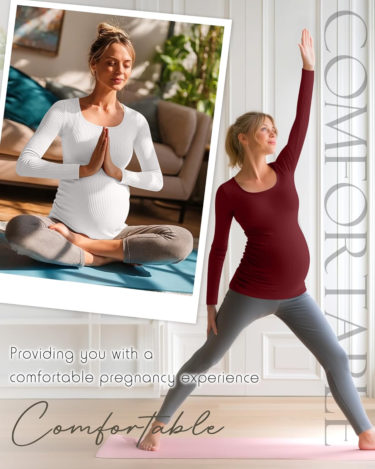 Huukeay 4 Pack Women's Cotton Maternity Tops Long Sleeve Ribbed Side Ruched Scoop Neck Shirts Casual Mama Pregnancy Clothes - Image 3