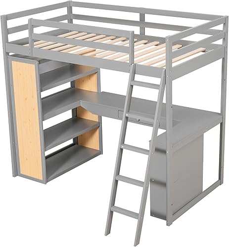 Miniatura 5 de SIYSNKSI Cama tipo loft multifunción de tamaño individual con escalera y escritorio marco de cama tipo loft de madera de pino maciza con estantes y