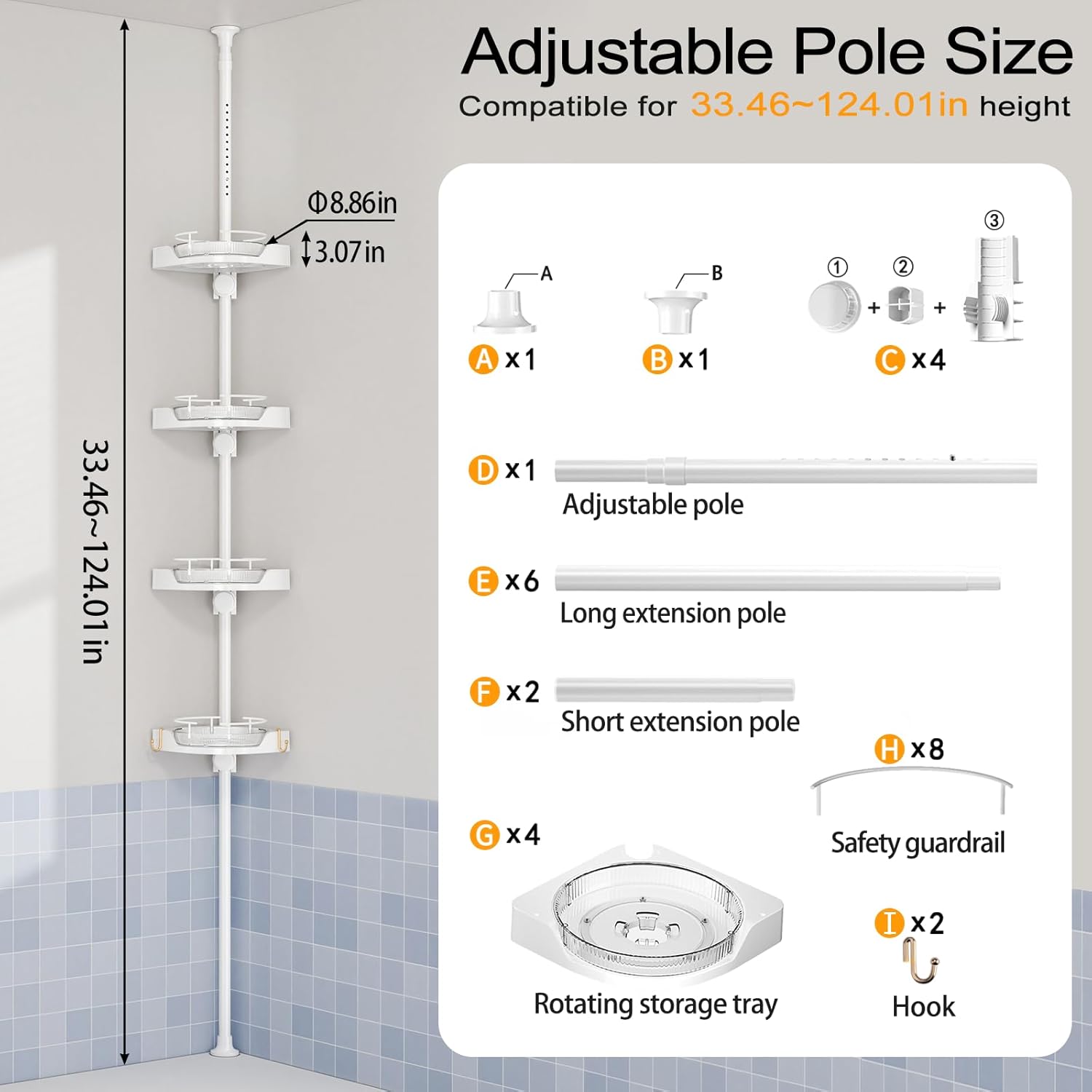360° rotating corner shower caddy tension pole organizer - 4-tier adjustable rustproof metal pole, plastic shelves with safety guardrail, bathroom storage for shower & bathtub(white)