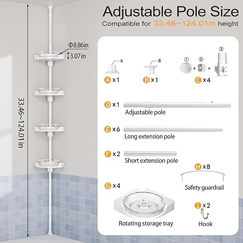 Miniatura 2 de Organizador de barra de tensión de esquina giratoria de 360, poste de metal ajustable a prueba de óxido de 4 niveles, estantes de plástico con