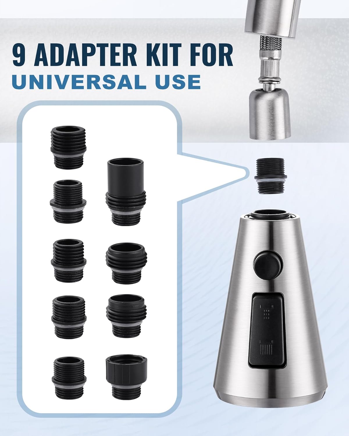 Pull Down Spray Head for Kitchen Faucet,3-Function Sink Spray Nozzle with 9 Adapters + Pop Up Sink Drain Without Overflow, Bathroom Sink Drain Vessel Sink Stopper Pop Up Sink Drain Stopper