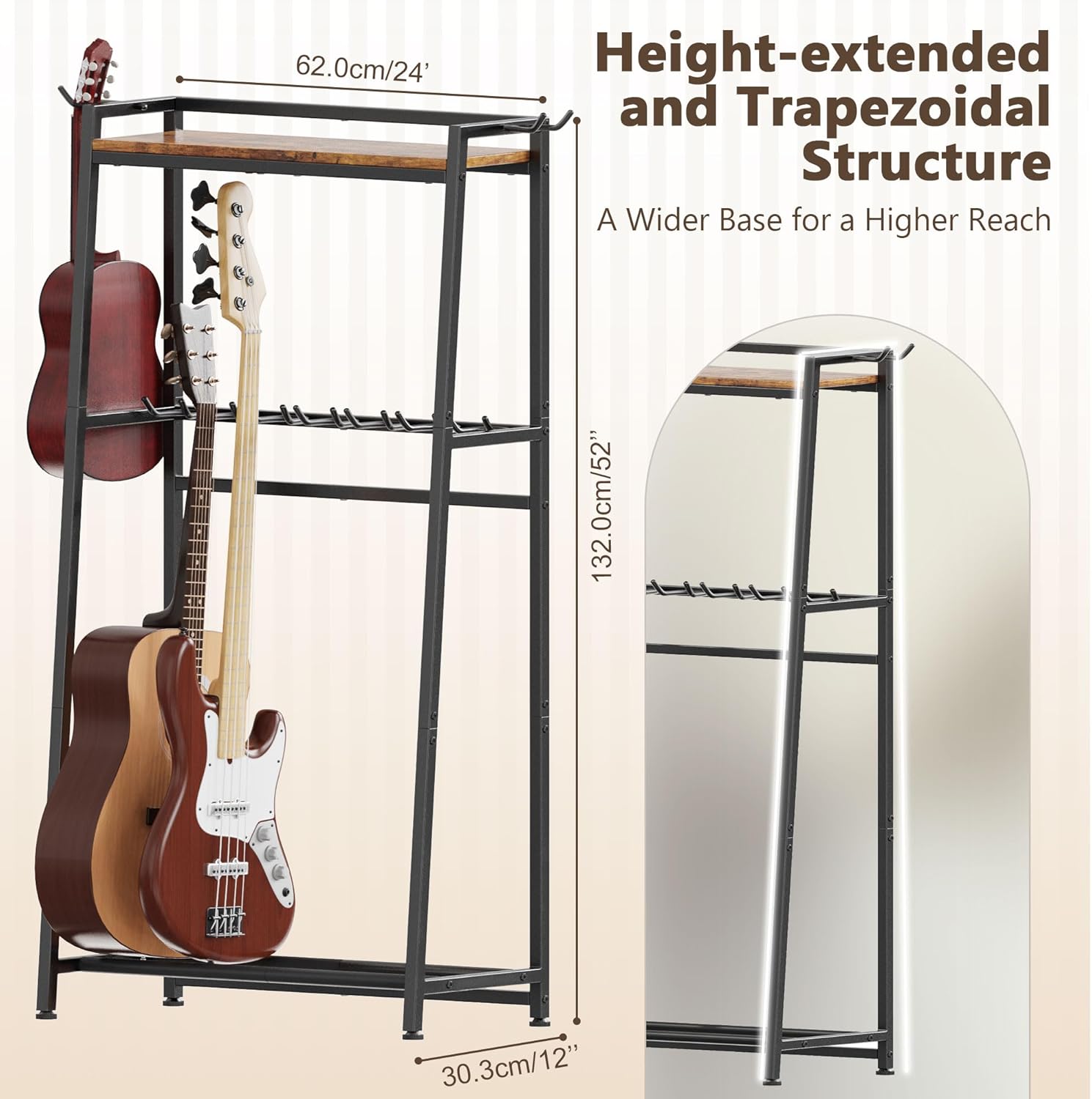Guitar Stand, Guitar Rack Holder for Acoustic Guitar, Electric Guitar, Bass Display Stand, Multiple Guitar Rack Holder for 7-9 Guitars, Guitar Amp Accessories, for Home Music Studio, Rustic Brown