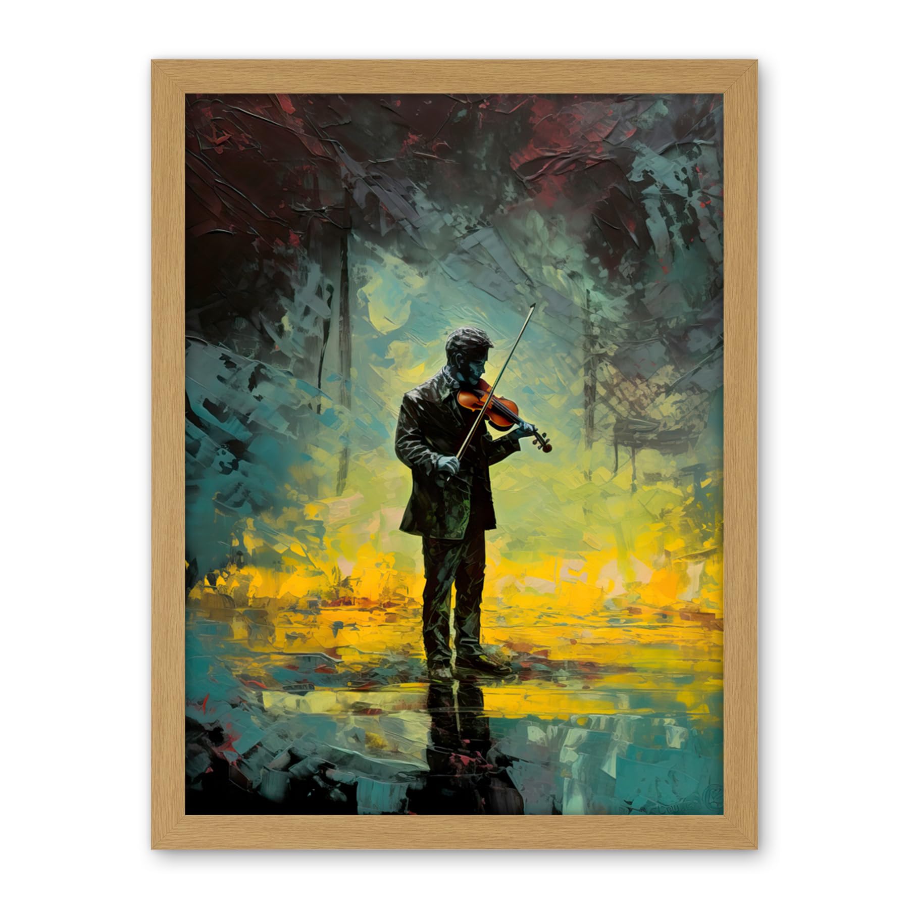 Artery8 Street Musician Playing Violin After the Rain Artwork Framed Wall Art Print 18X24 Inch