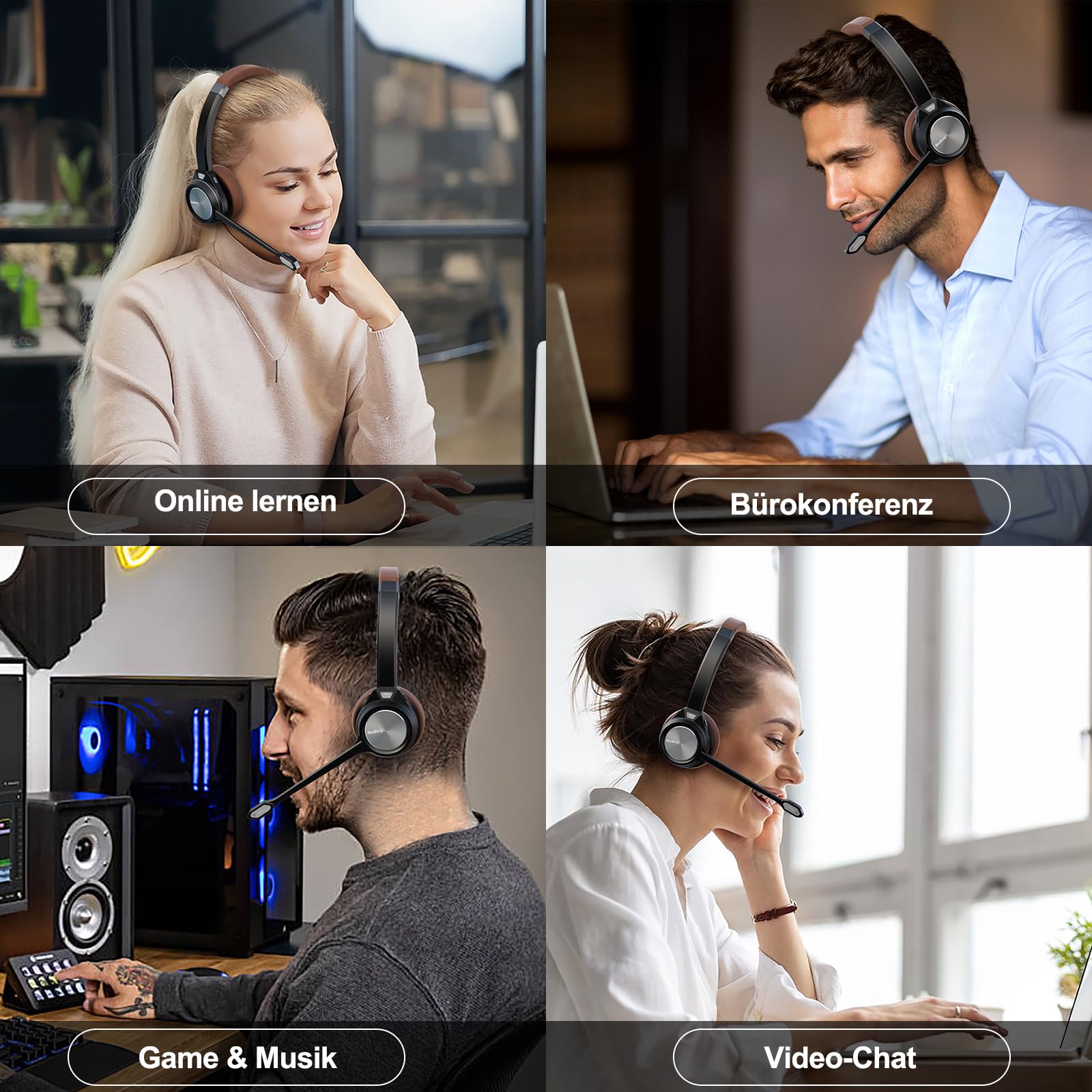 Bluetooth Headset mit Mikrofon, Wireless Headset mit Ladestation & USB Dongle für PC, 40 Stunden Sprechzeit Kabellos für Mac Computer Teams Zoom Laptop Büro Callcenter