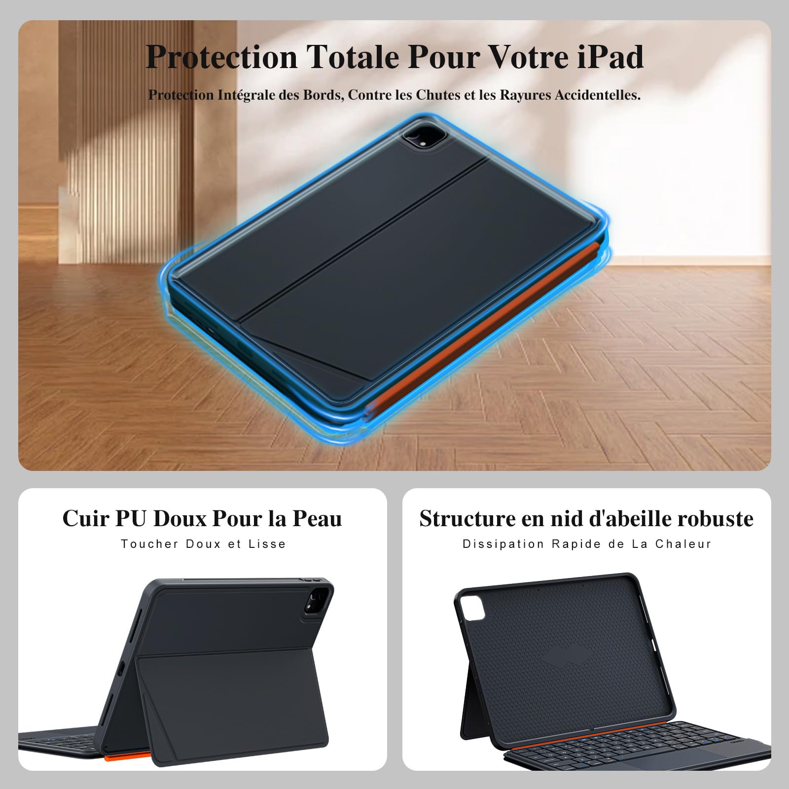 Housse Clavier pour iPad Air 13 Pouces (M4/M3/M2, 2026/2025/2024), Pro 12,9" 6e/5e/4e/3e Gén, Clavier Bluetooth Magnétique Détachable, Trackpad, Rétroéclairées, Support Ajustable (Noir)