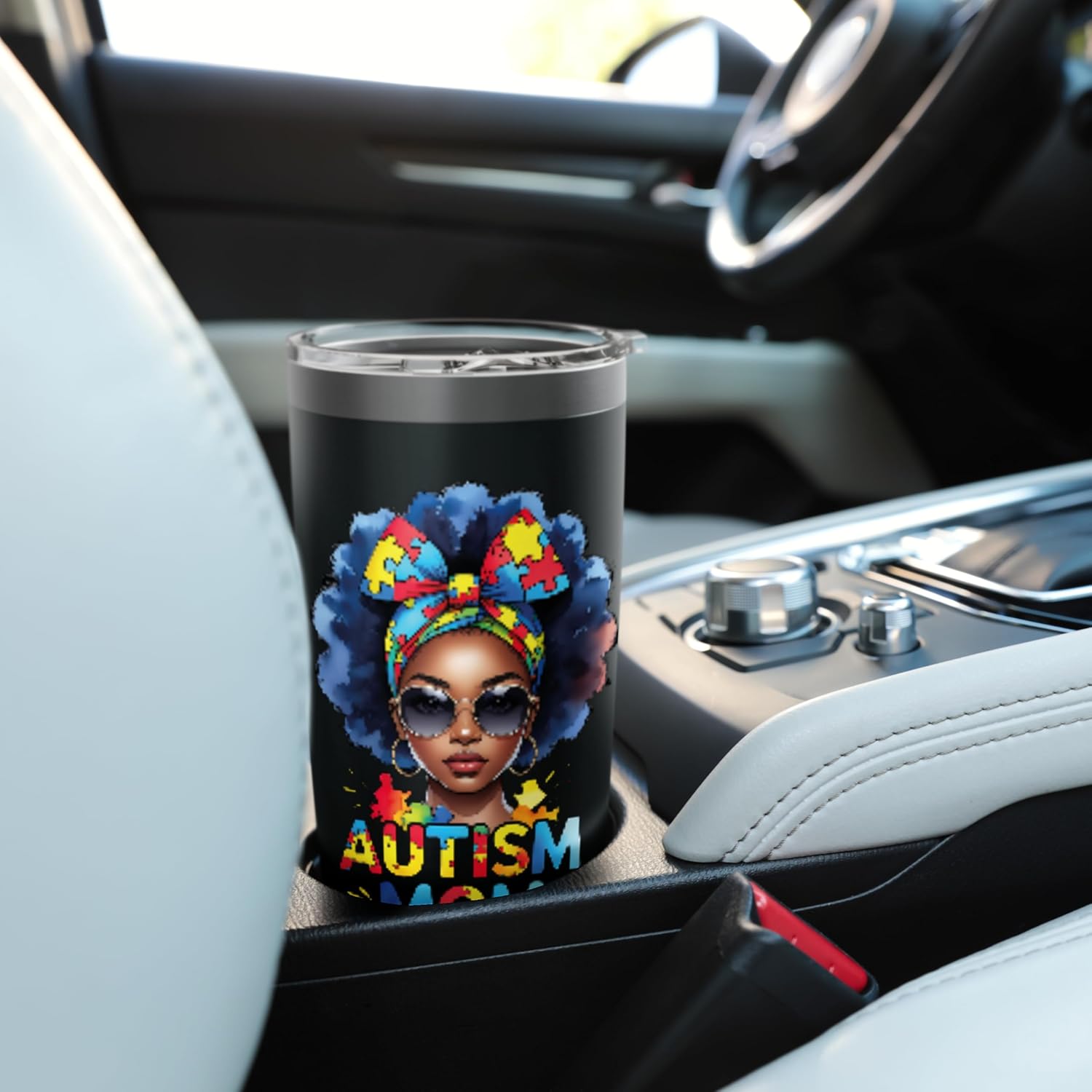 Messy Bun Black American African Women Autism Awareness Mom Stainless Steel Insulated Tumbler - Image 6