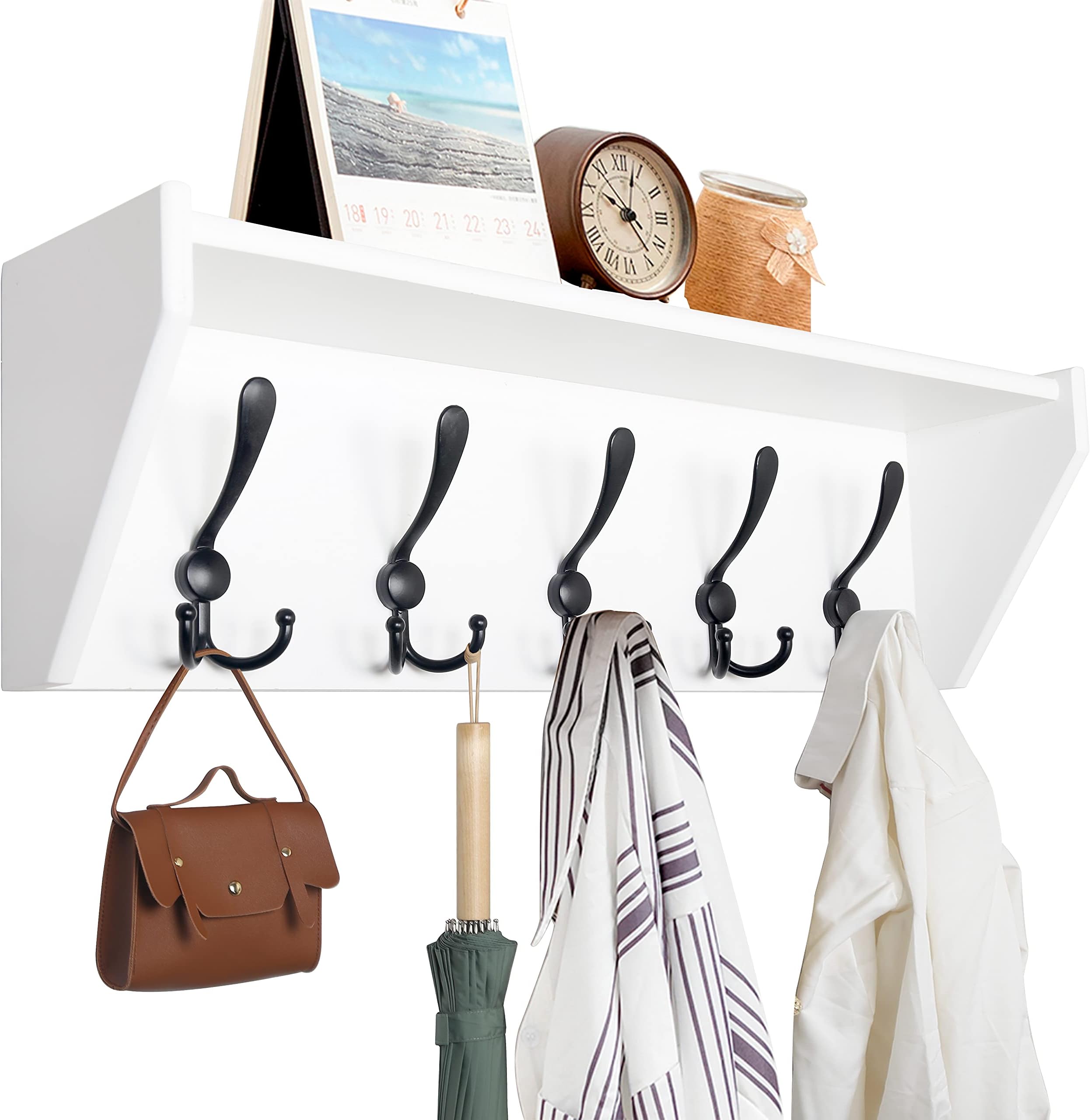 WEBI Wall Mounted Coat Rack with Shelf,60cm Long White Wall Shelf with Hooks Underneath,Key Rack for Wall,5 Triple Hooks,Entryway Shelves for Bathroom