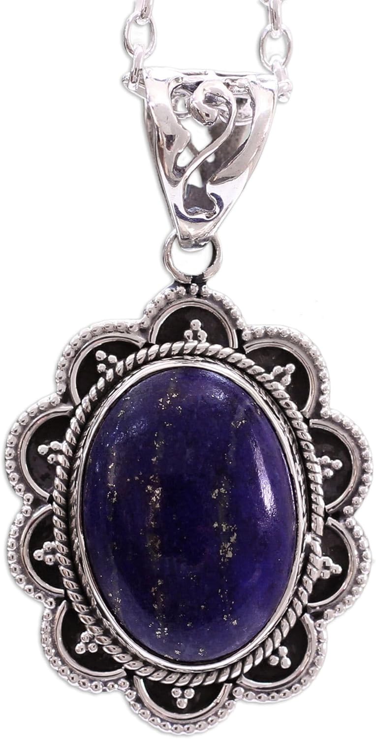 NOVICA Artisan Handmade Lapis Lazuli Pendant Necklace Artisan Crafted Silver Sterling Blue India Snorkel Birthstone [18 in L 2 mm W Pendant(s) 1.6 in L x 0.8 in W x 0.2 in D] ' Royal Audience'