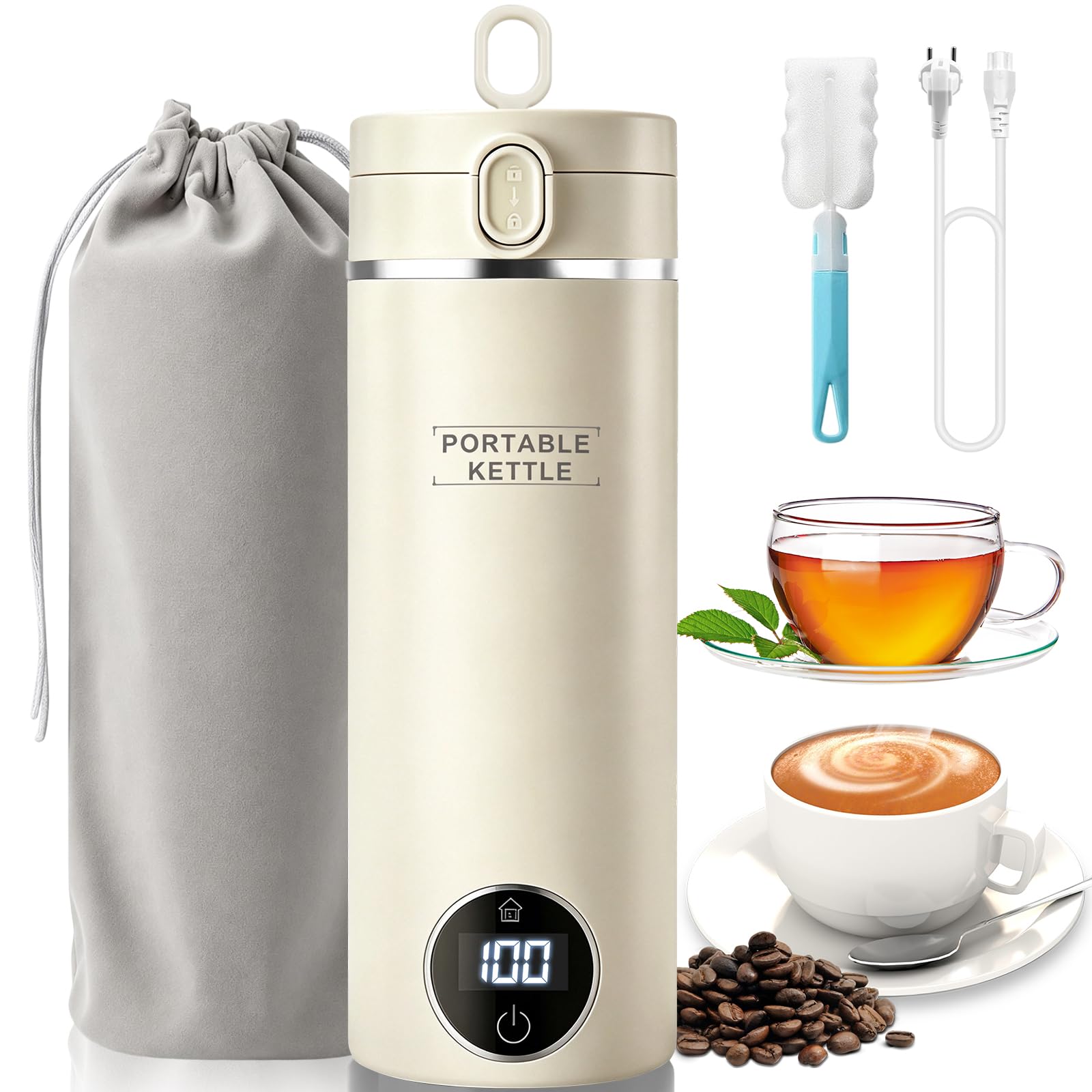 Reisewasserkocher 500 ml mit Temperatureinstellung, 316-Edelstahl, Beige | 6 Temperaturstufen, LED-Anzeige, automatische Abschaltung, auslaufsicher; für Hotel, Camping und Babymilch-Zubereitung