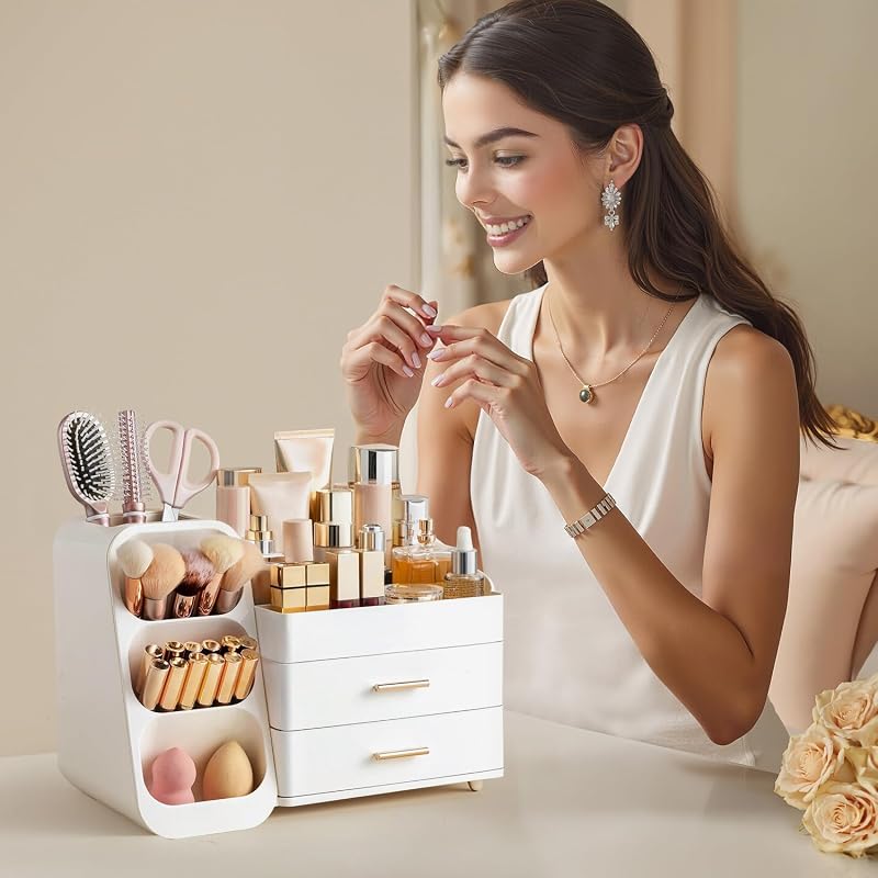 Organizator de machiaj cu sertare hblife, cutie de depozitare cosmetică din plastic, 3 în 1, cu suport pentru pensule, alb, capacitate mare
