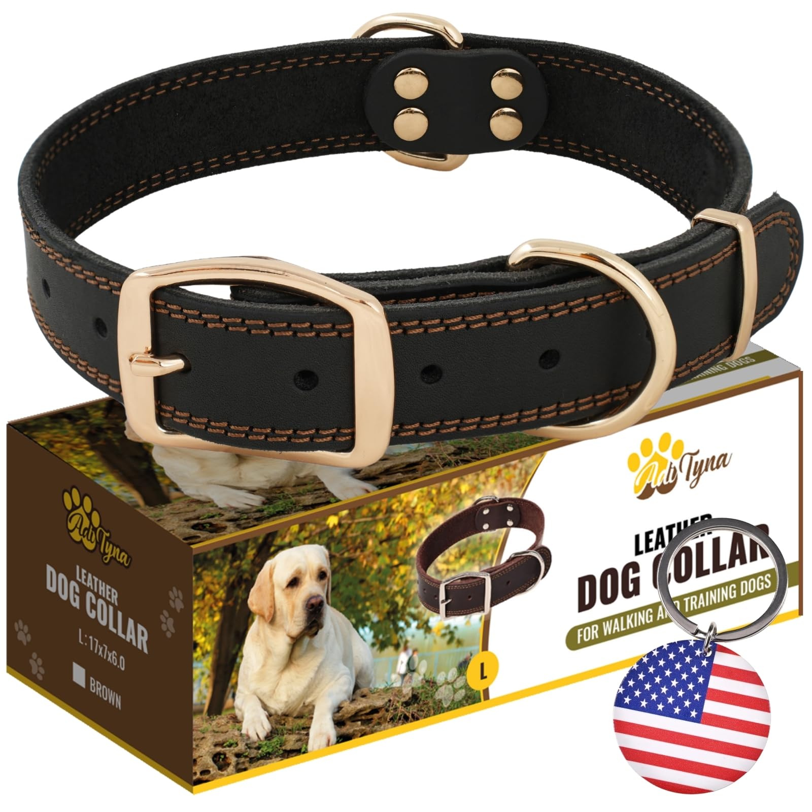 Collier en cuir robuste ADITYNA pour grand chien noir et boucle dorée élégante