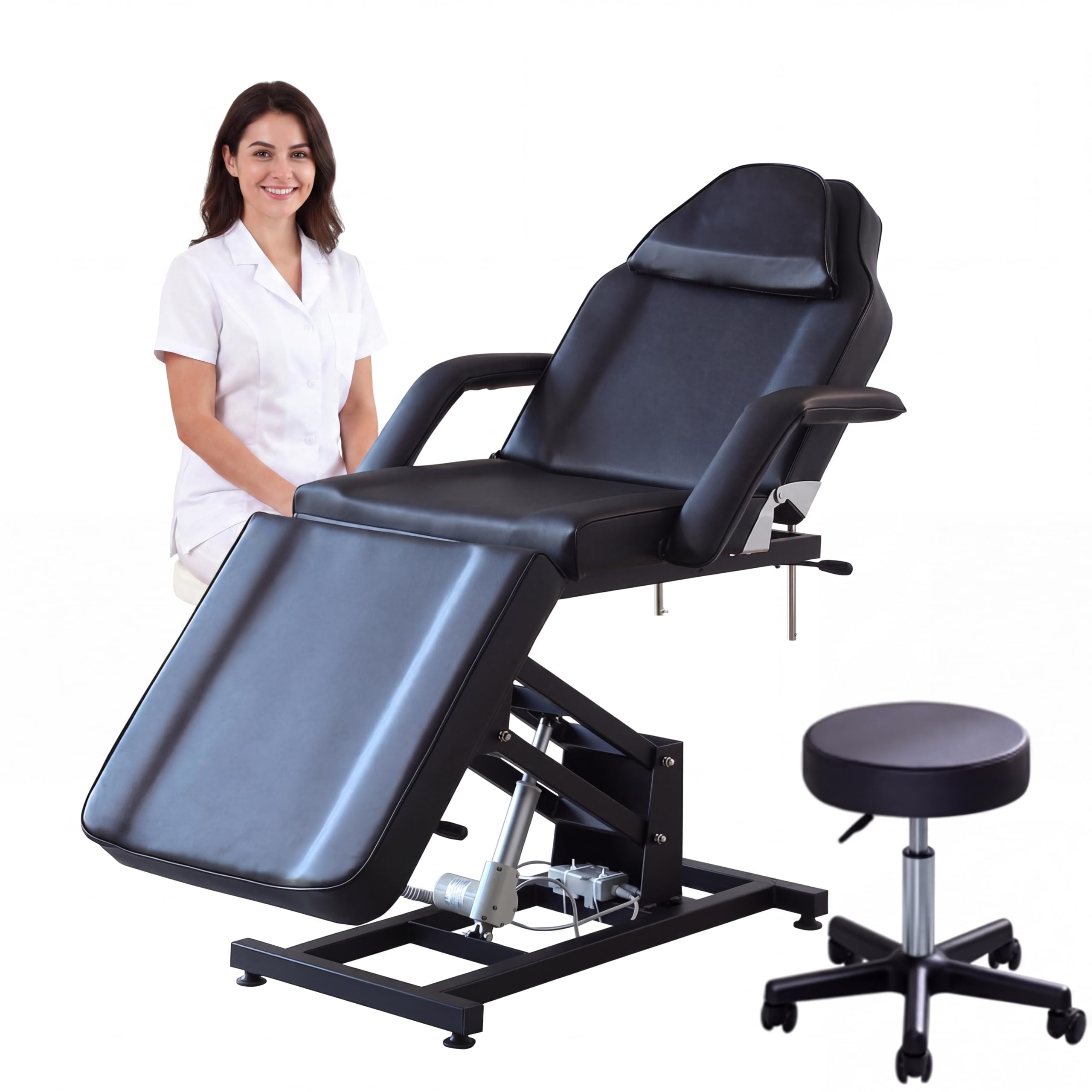 Kosmetikliege Elektrisch, Kosmetikstuhl Höhenverstellbare, Massagetisch & Tattooliege mit abnehmbaren Armlehnen & Kopfteile, Massageliegen PU-Leder Set für Spa, Tattoo, Gesichtspflege (Schwarz)