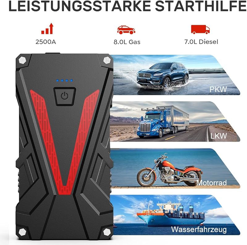 Buture Pro BR300 Hordozható Autós Bikázó 2500A - Indításrásegítő Powerbank 8.0L Benzin/7.0L Dízel Motorokhoz, LED Lámpával, Gyorstöltéssel