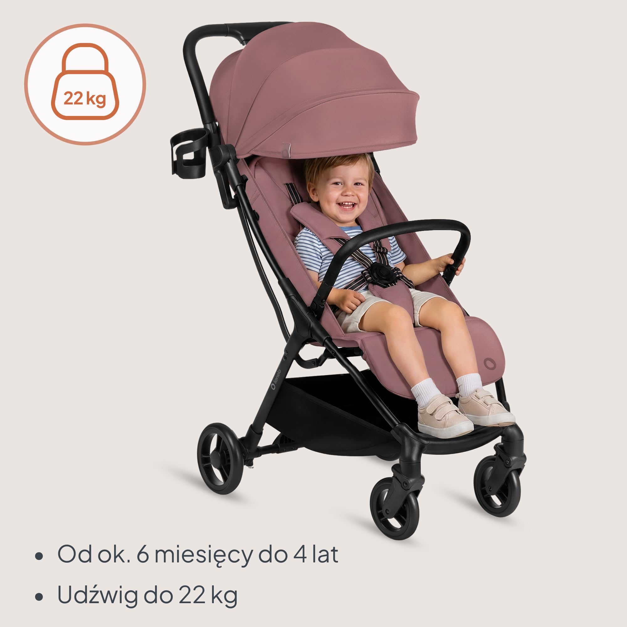 Lionelo Agia wózek podróżny do 22 kg, lekki wózek dziecięcy od 6 miesięcy, mały, składany, z funkcją automatycznego składania jedną ręką, funkcja leżenia, duża powierzchnia do siedzenia, zawieszenie