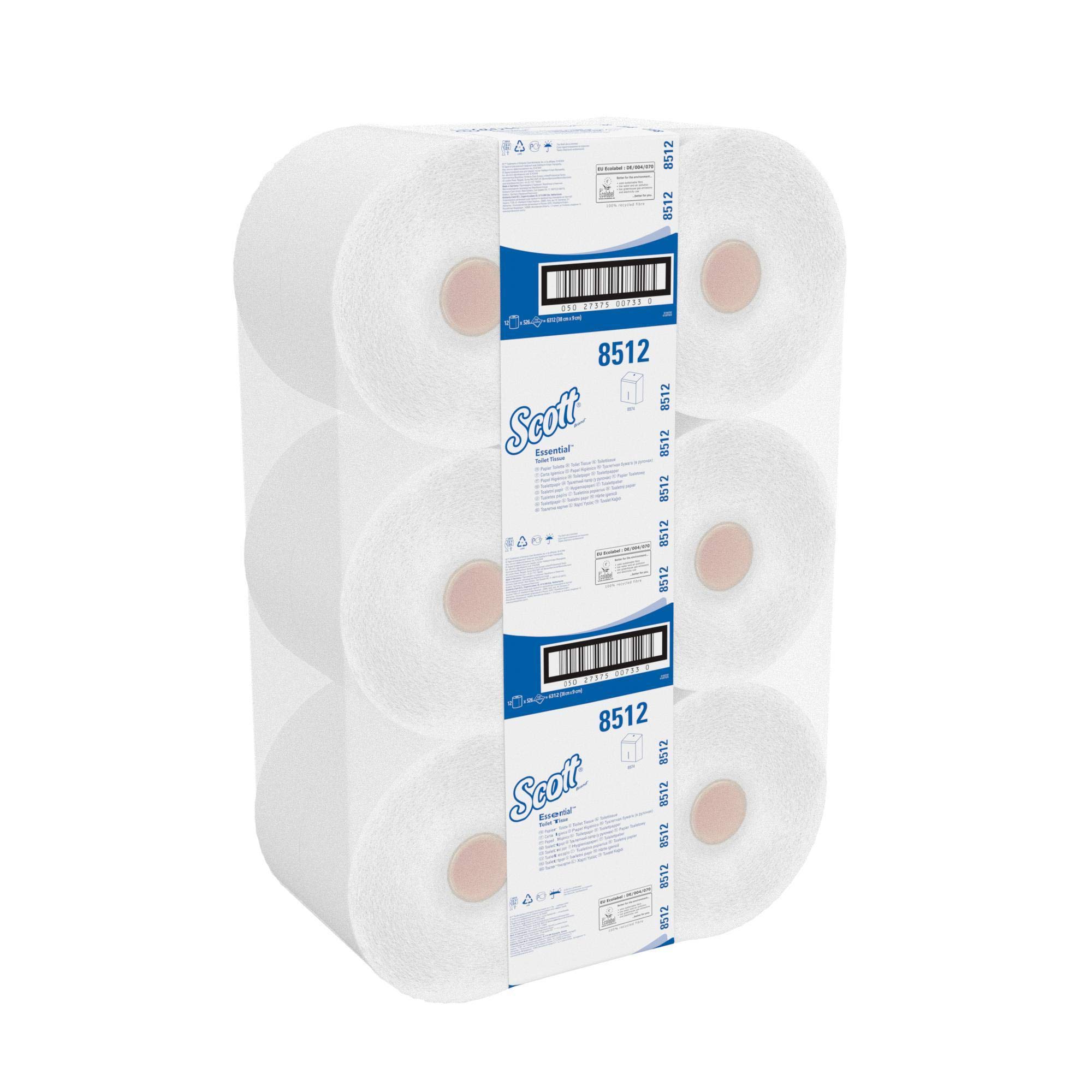 Scott Essential 8512 Carta igienica a 2 veli, 12 maxi rotoli da 526 fogli, Igiene ed efficienza, Colore: Bianco, 08512080