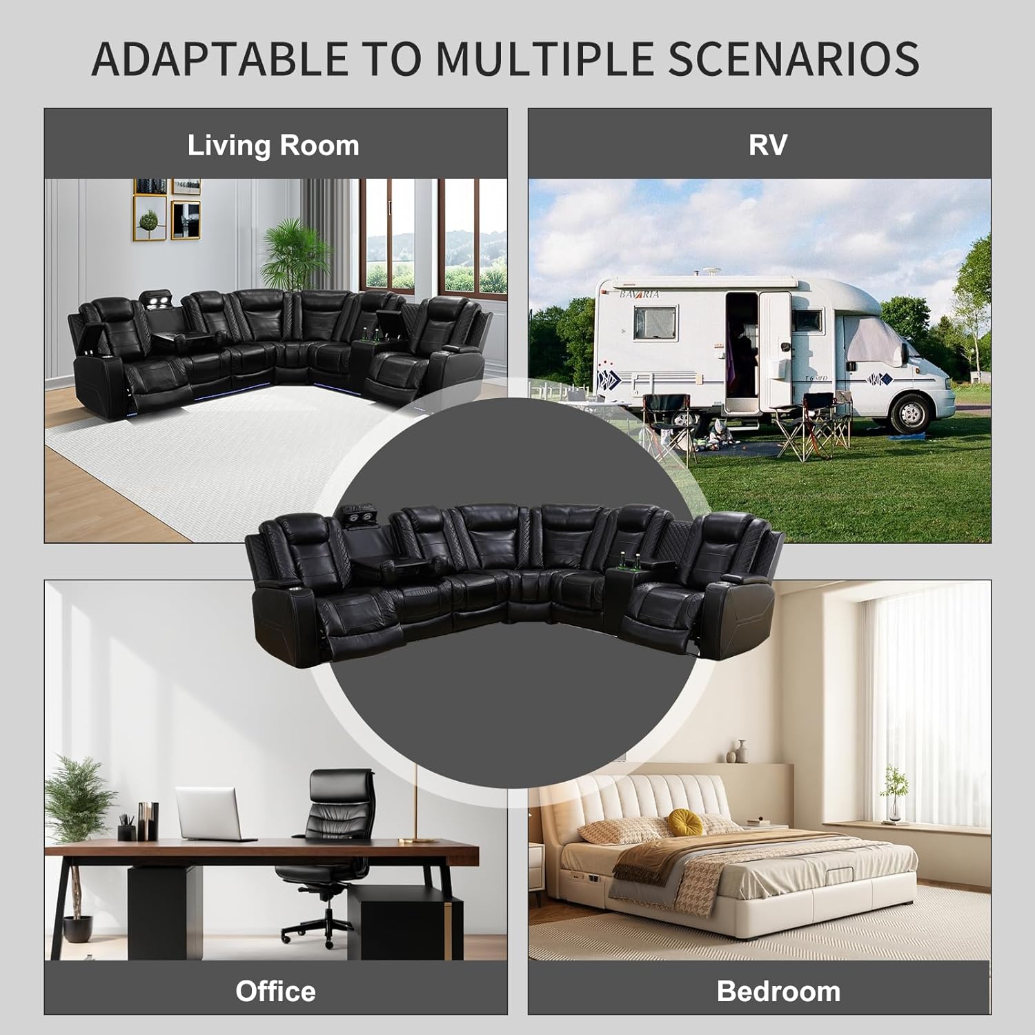 Power Recliner Sectional Sofa, Home Theater Seating with LED Lights,Storage Console, Ergonomic Backrest,USB Ports, Cup Holders, Faux Leather Corner Couch for Living Room (Black)