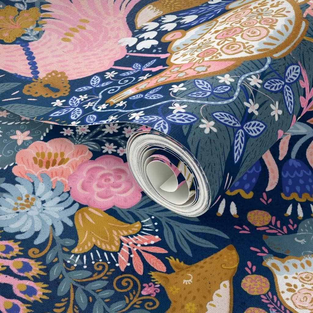 Peel & Stick Wallpaper Swatch - maximalist,Tea Party,Whimsical Chintz,Pink Purple Mustard,Swans and Flamingos Custom Removable Wallpaper by Spoonflower