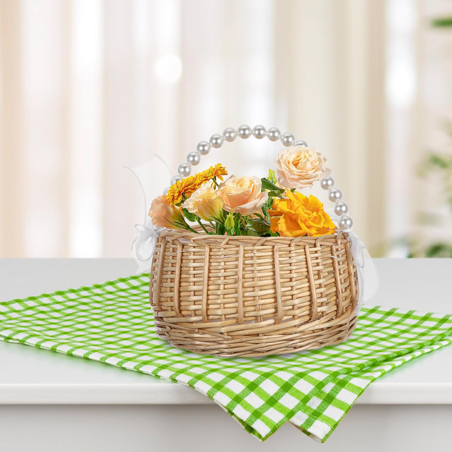 Wicker Basket with Handle and Ribbon Large Handmade Flower Girl Basket with Pearl Accent Woven Willow for Wedding Ceremony and Home Decor