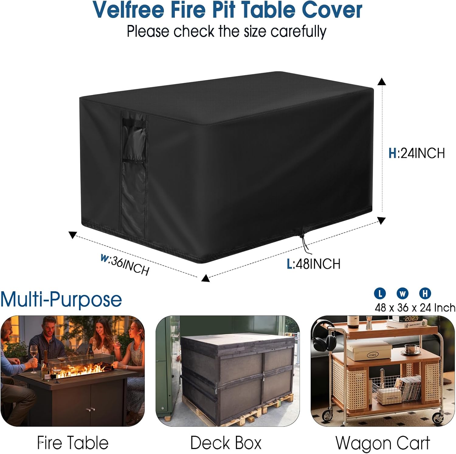 Fire Pit Cover Rectangle,48 Inch Rectangular Firepit Covers,Waterproof Gas Fire Pit Table Cover, Heavy Duty Cover for Outdoor Fireplace/Patio Propane Firepit - 48 x 36 x 24 Inch