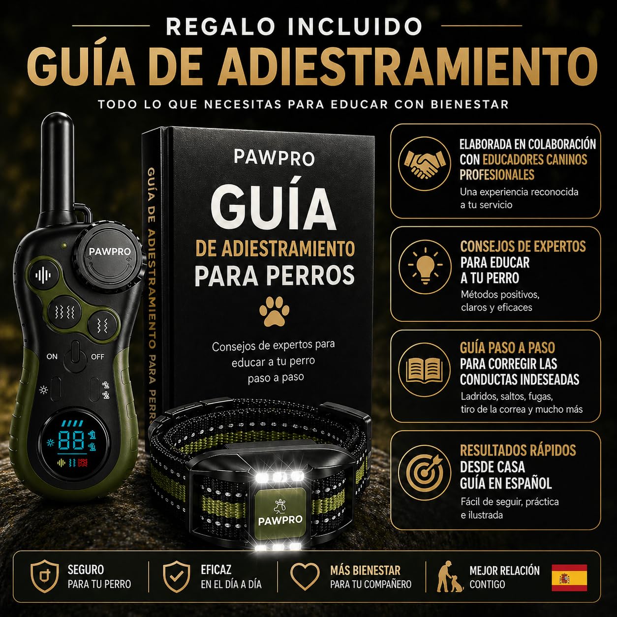 PAWPRO Collar de Adiestramiento, Conforme Nueva Ley Española de Bienestar Animal, Alcance XXL 3 km, Modo Luz Nocturna, BIP Vibración Boost, Apto para Todos los Perros, Resistente al Agua (1 Collar)
