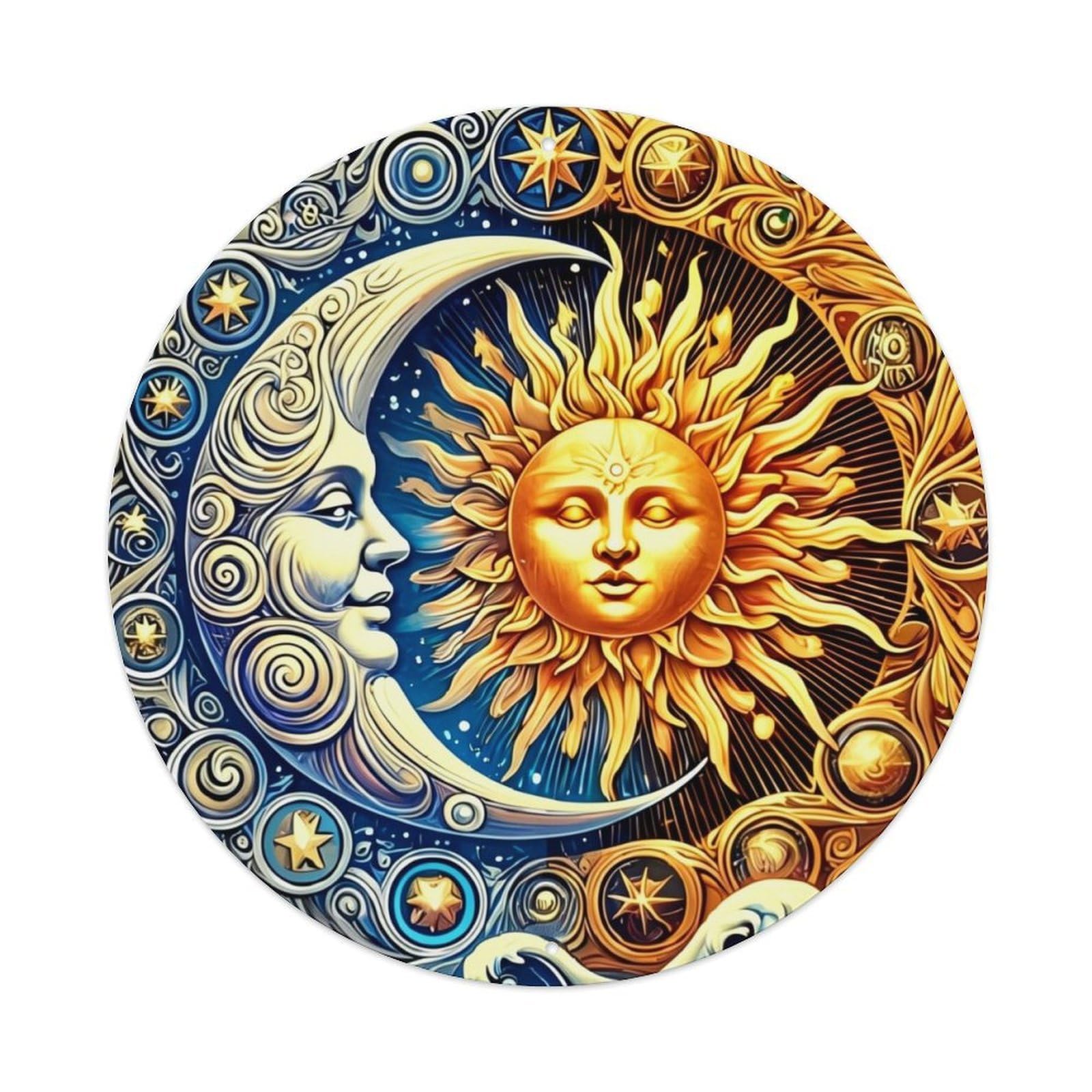 Sun And Moon Celestial Art_1 Vintage Metal Tin Sign Retro Wall Decor for Home Bar Garage Cafe, Indoor & Outdoor Decorative，circle Metal Poster, 8x8 Inch