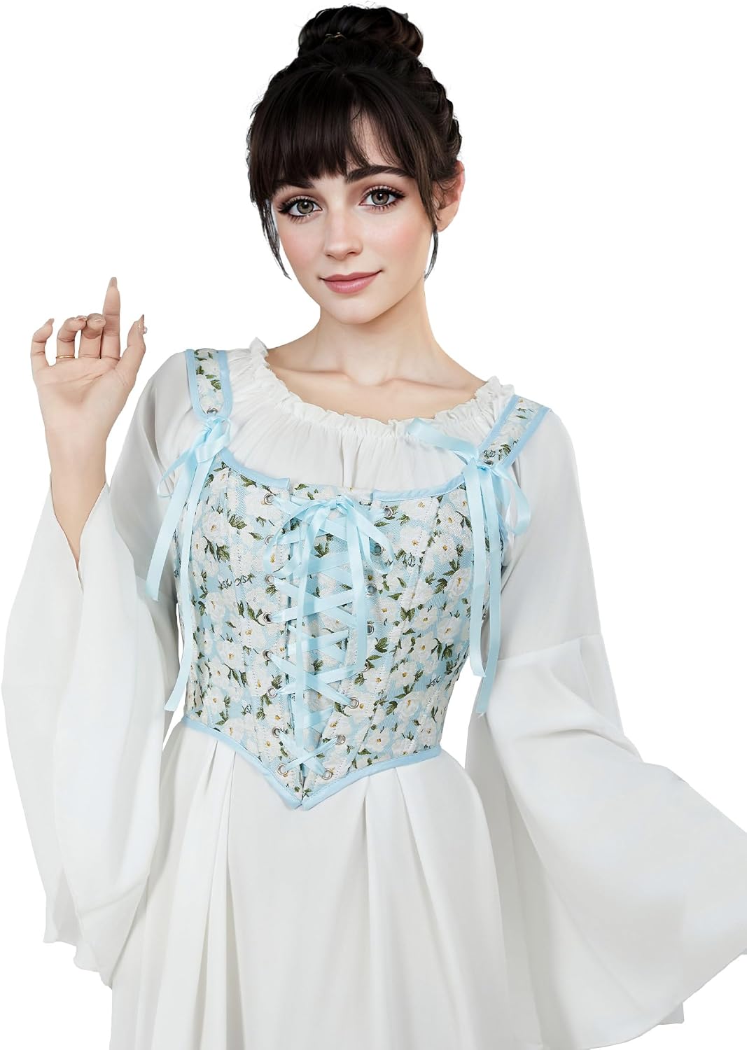 daizbella Renaissance Corset Tops for Women Cute Medieval Floral Overbust Boned Bustier Bodice