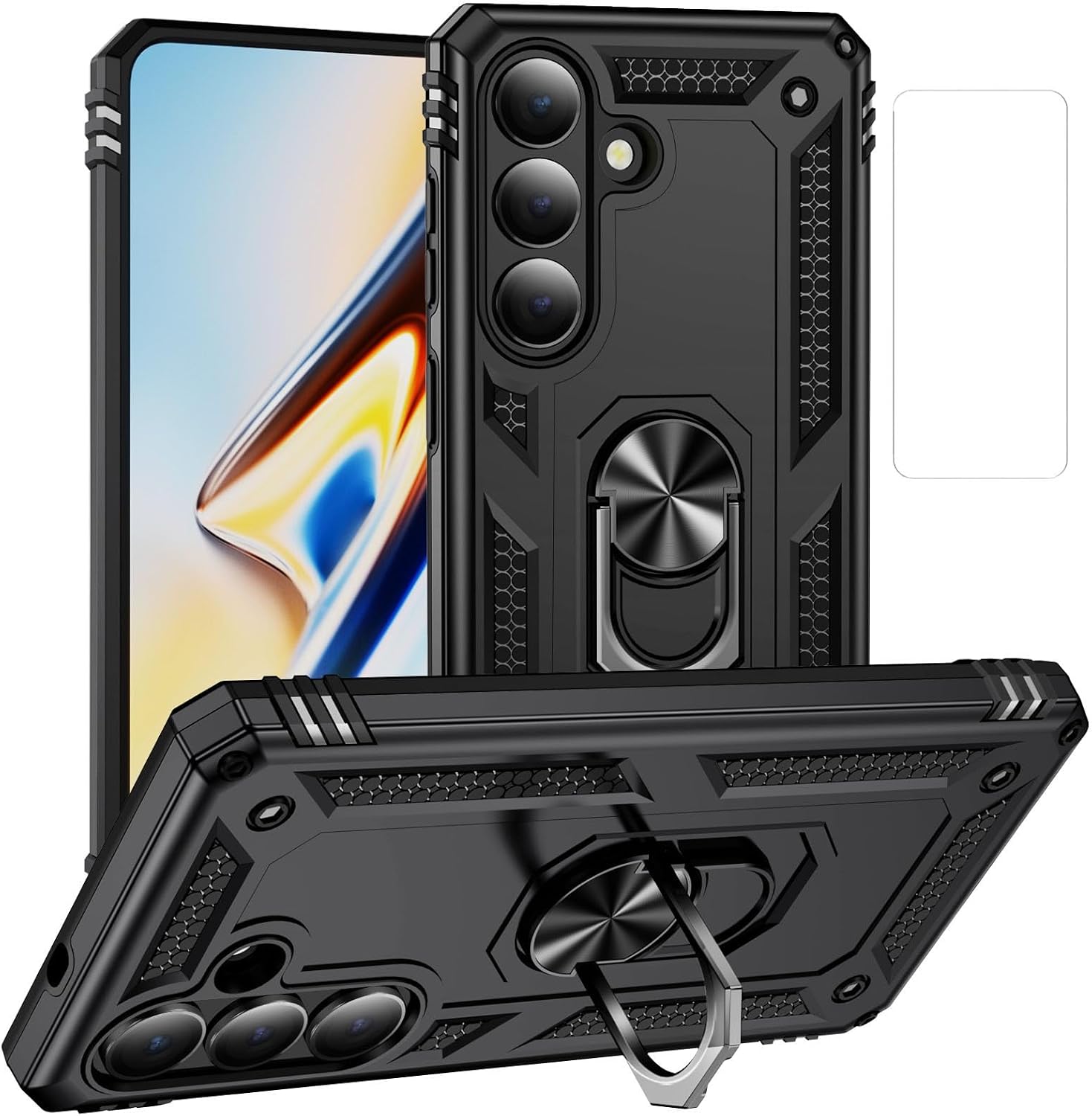 for Samsung Galaxy S26 Case with Screen Protector,Ring Kickstand Military Protective Shockproof Defender Armor Dual Layer Protection Back Cover Phone Case for Samsung S26 (Black)