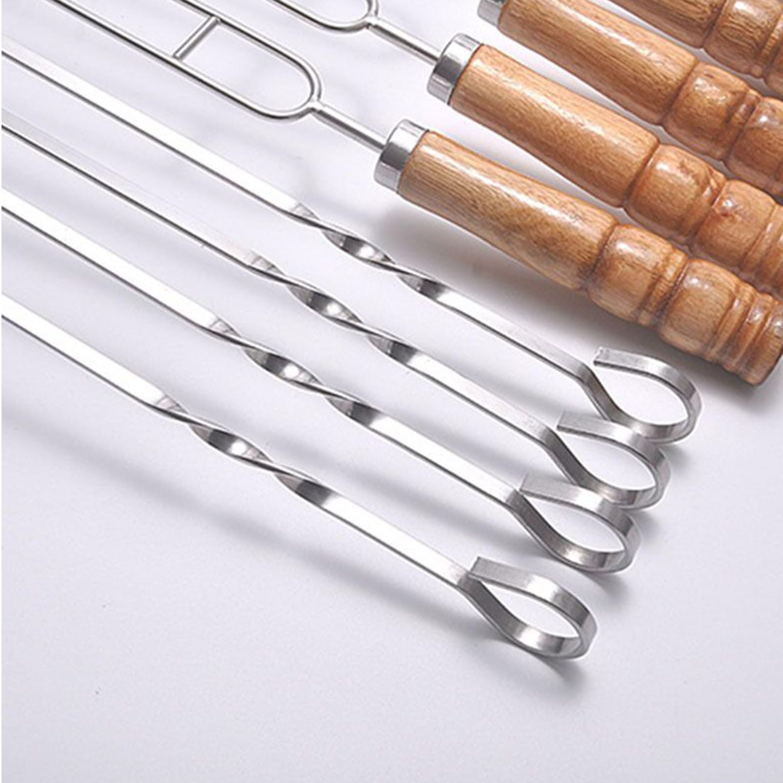 Brochetas Metálicas para Acero Inoxidable Plano Reutilizable Mangos Madera | 10 Piezas Palitos Metálicos de Barbacoa, Brochetas para pollo, carne, gambas, filetes, salchichas, exterior y picnic fa