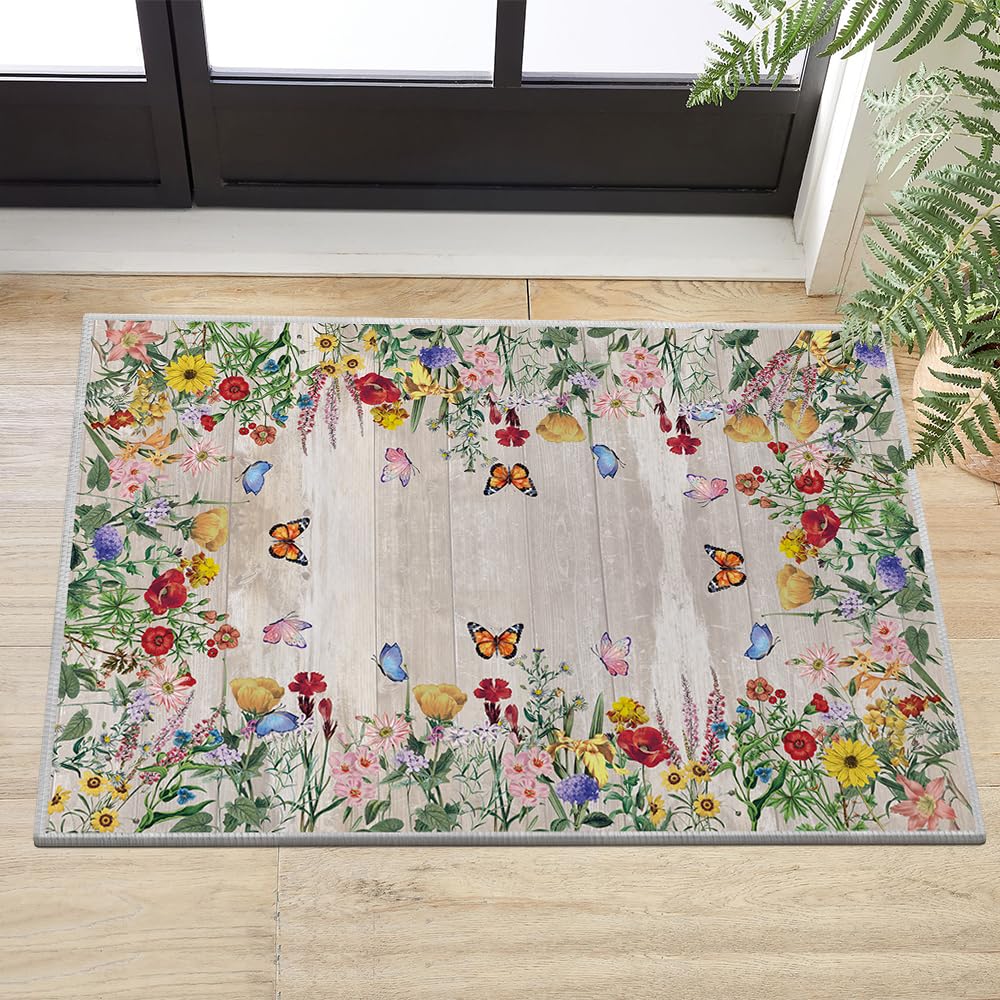 Artoid Mode Wood Flowers Butterfly Spring Area Rug, Summer Home Decor Low-Profile Washable Door Mat for Entryway Bedroom Living Room Laundry Room
