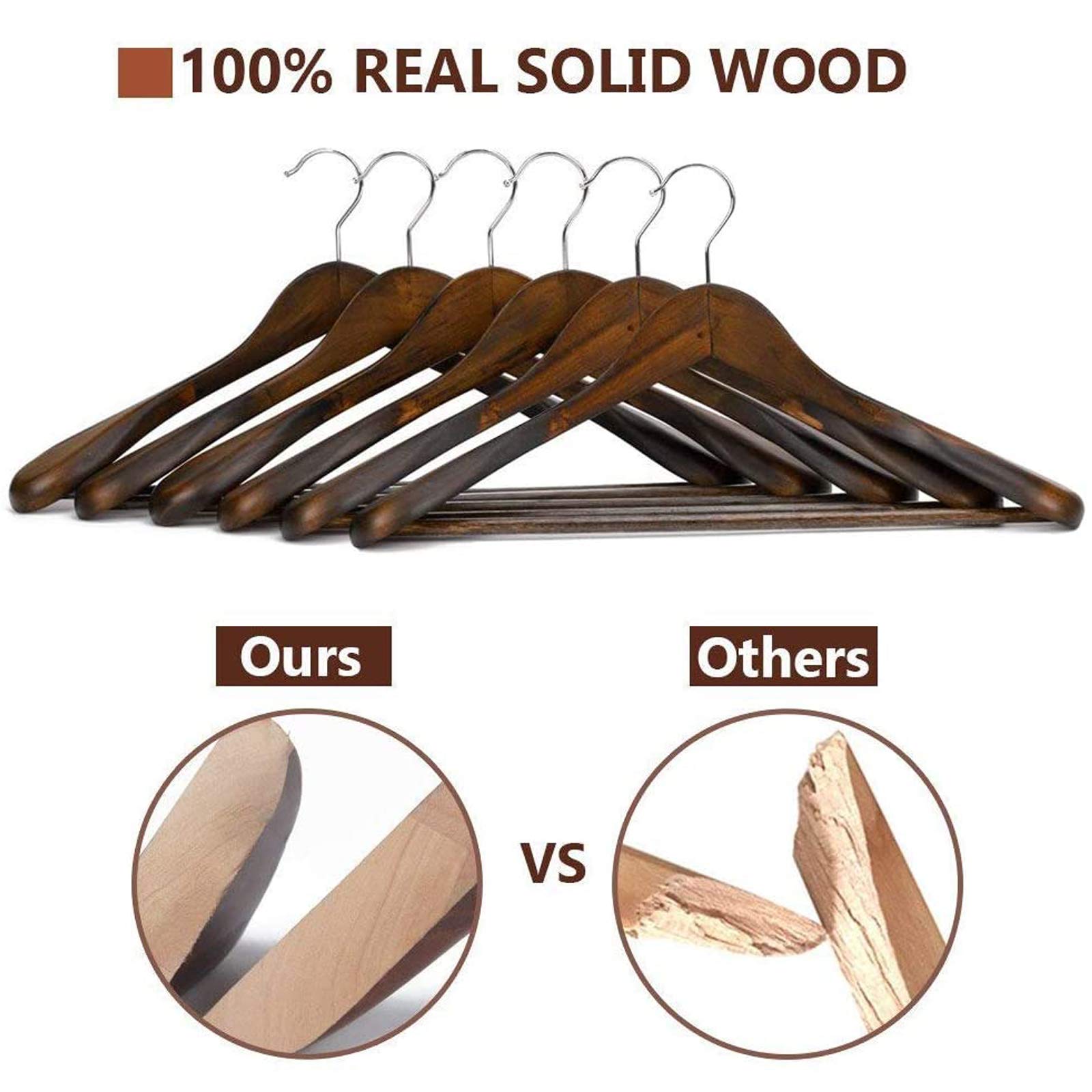 JS HANGER Grucce in legno, confezione da 6 grucce extra larghe in legno con barra antiscivolo per pantaloni, extra lisce e senza schegge, finitura retrò