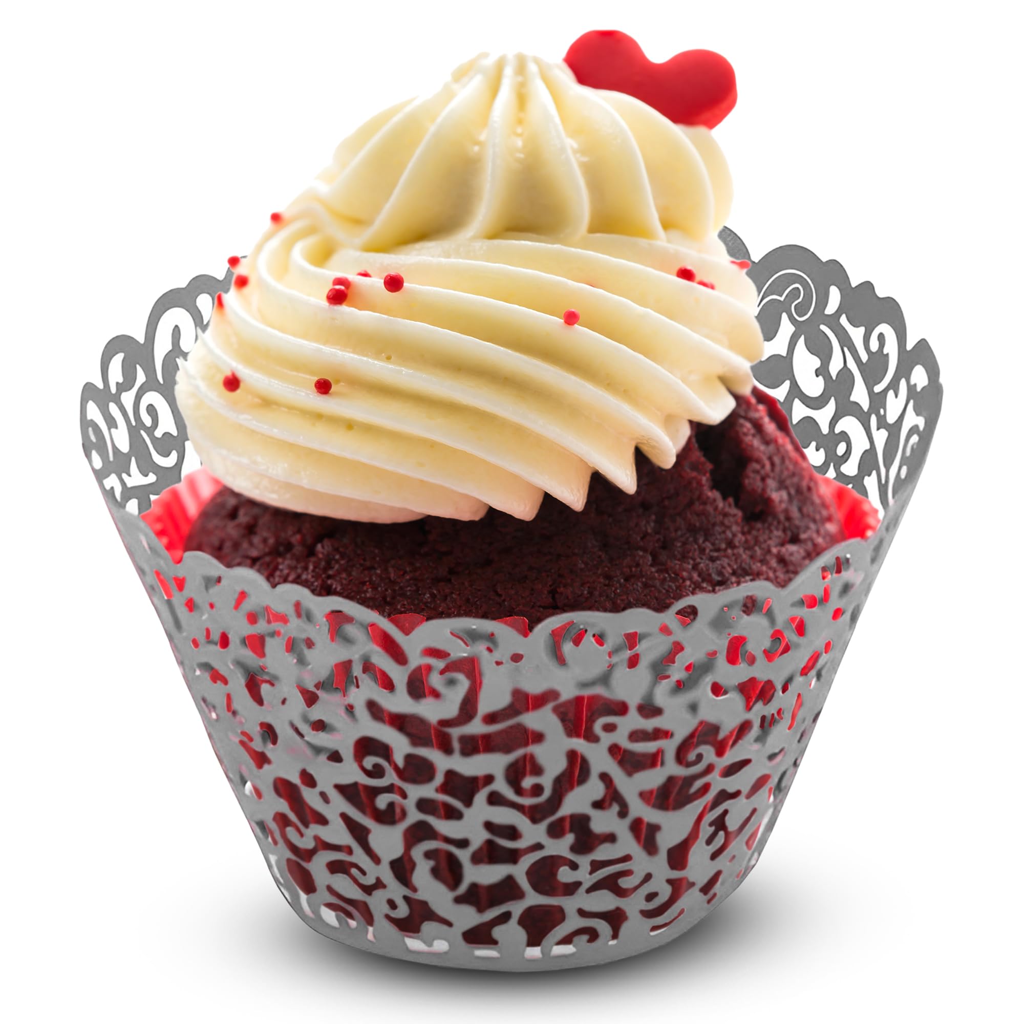 WedDecor Silver Cupcake Wrapper Liners for Muffins, Laser Cut Lace Baking Cups, Elegant Disposable Muffin Holders for Weddings, Engagements, Birthdays, Baby Showers & Holiday Events, 50pcs