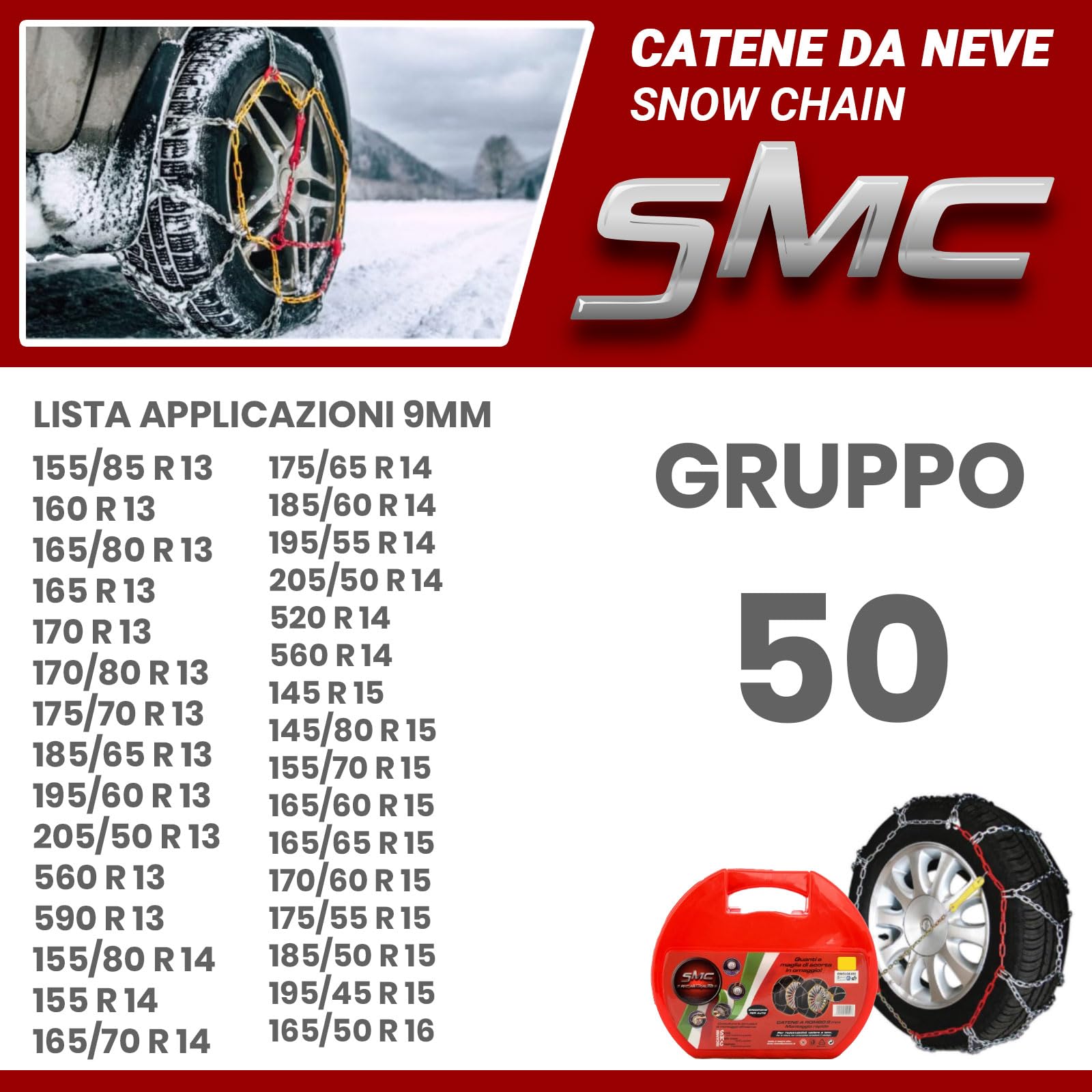 SMC Catene da Neve OMOLOGATE O-Norm TUV 9mm Pneumatici 175/65 R14