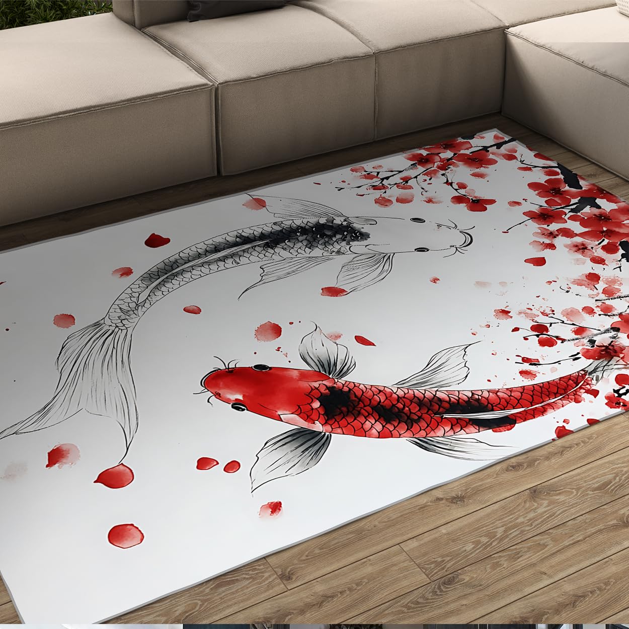 Tapis d'intérieur lavable carpe koi noir et rouge 60x100 cm style encre japonaise