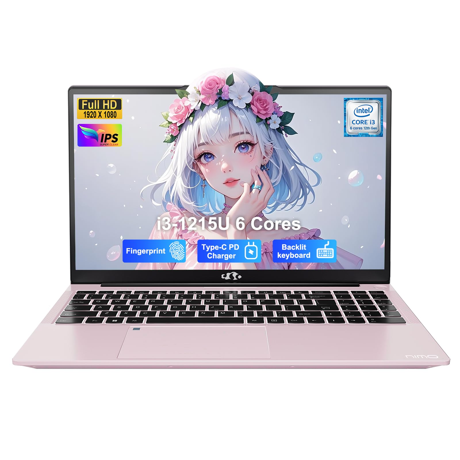 NIMO 15.6" IPS FHD-Student-Laptop, Intel 6 Cores I3-1215U (Up to 4.4GHz, Beats R5 7520U) 8GB RAM 128GB SSDComputer with 65W Type C Backlit Keyboard Fingerprint, for Home and Business