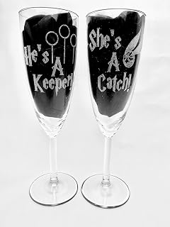 HE'S A KEEPER CATCH PAIR OF GLASSES HARRY POTTER Engraved, etched glass personalised FREE gift, wedding, birthday, mother, father, anniversary, present, Mr & Mrs, engagement, day,
